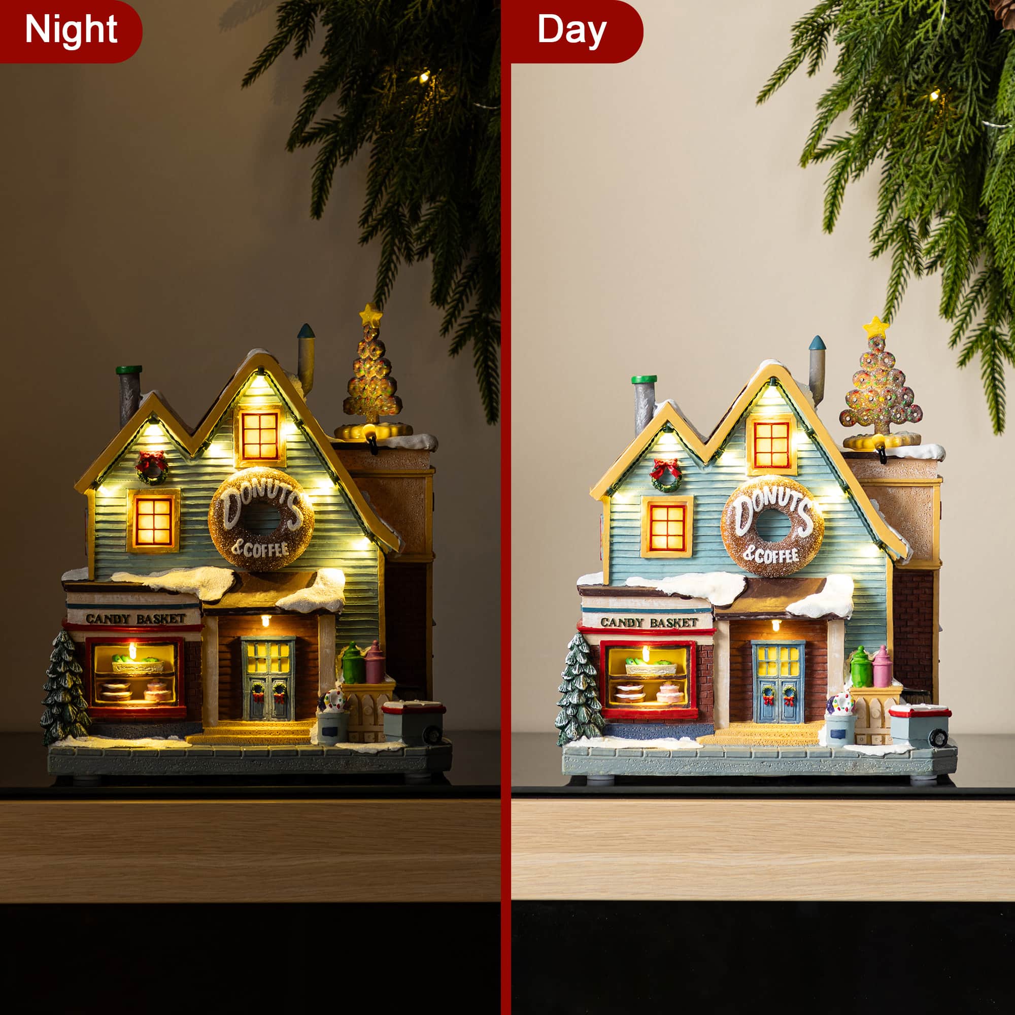 Glitzhome® 10.25" Lighted Christmas Donuts & Coffee Shop Resin Village with Movement and Music
