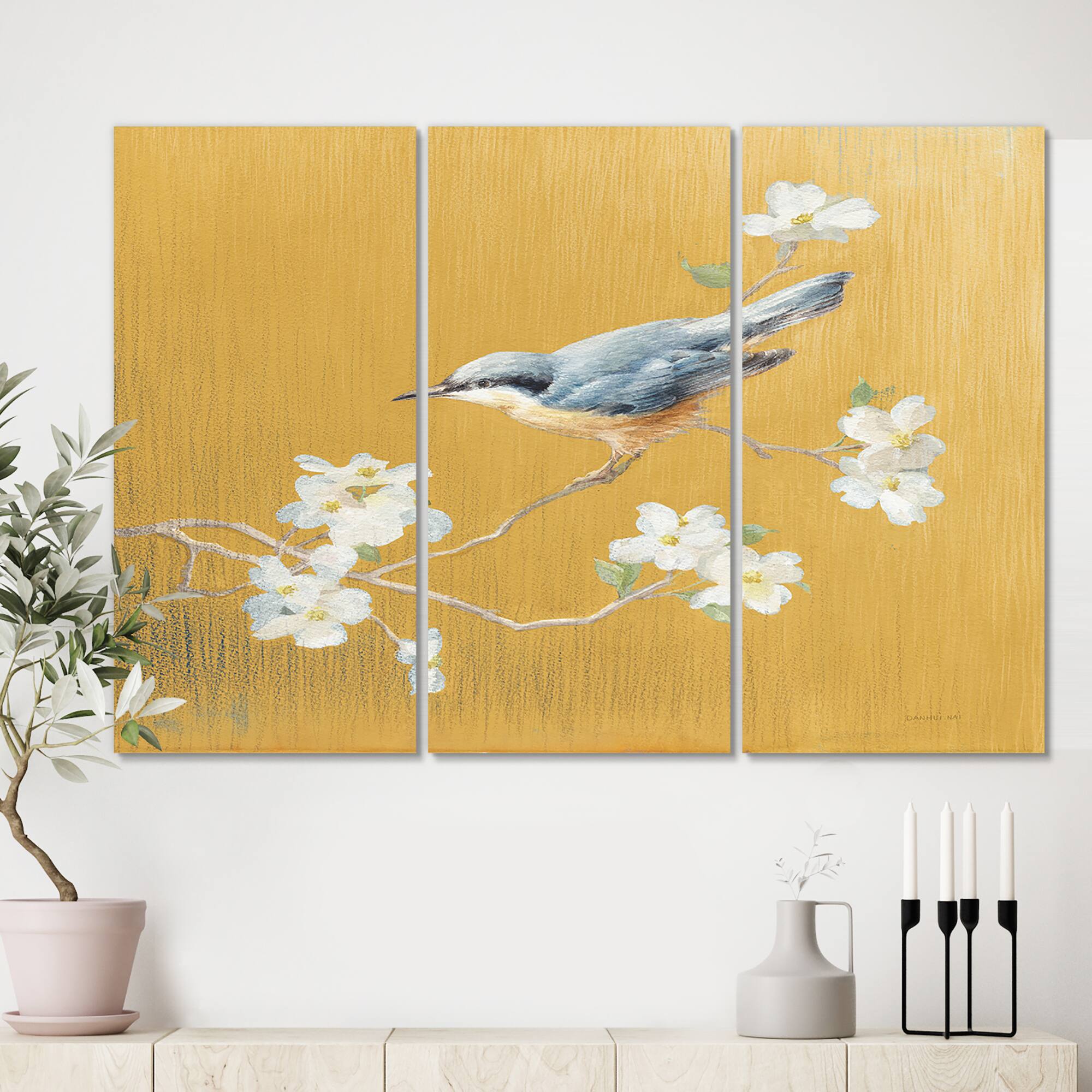 Designart - Gold Bird on Blossoms II - Farmhouse Canvas Artwork