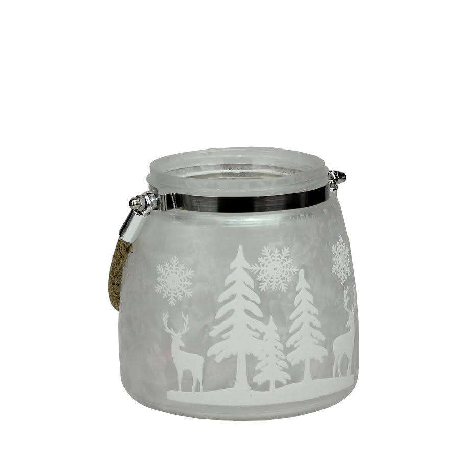 5.5&#x22; Silver &#x26; Winter Scene Christmas Pillar Candle Lantern