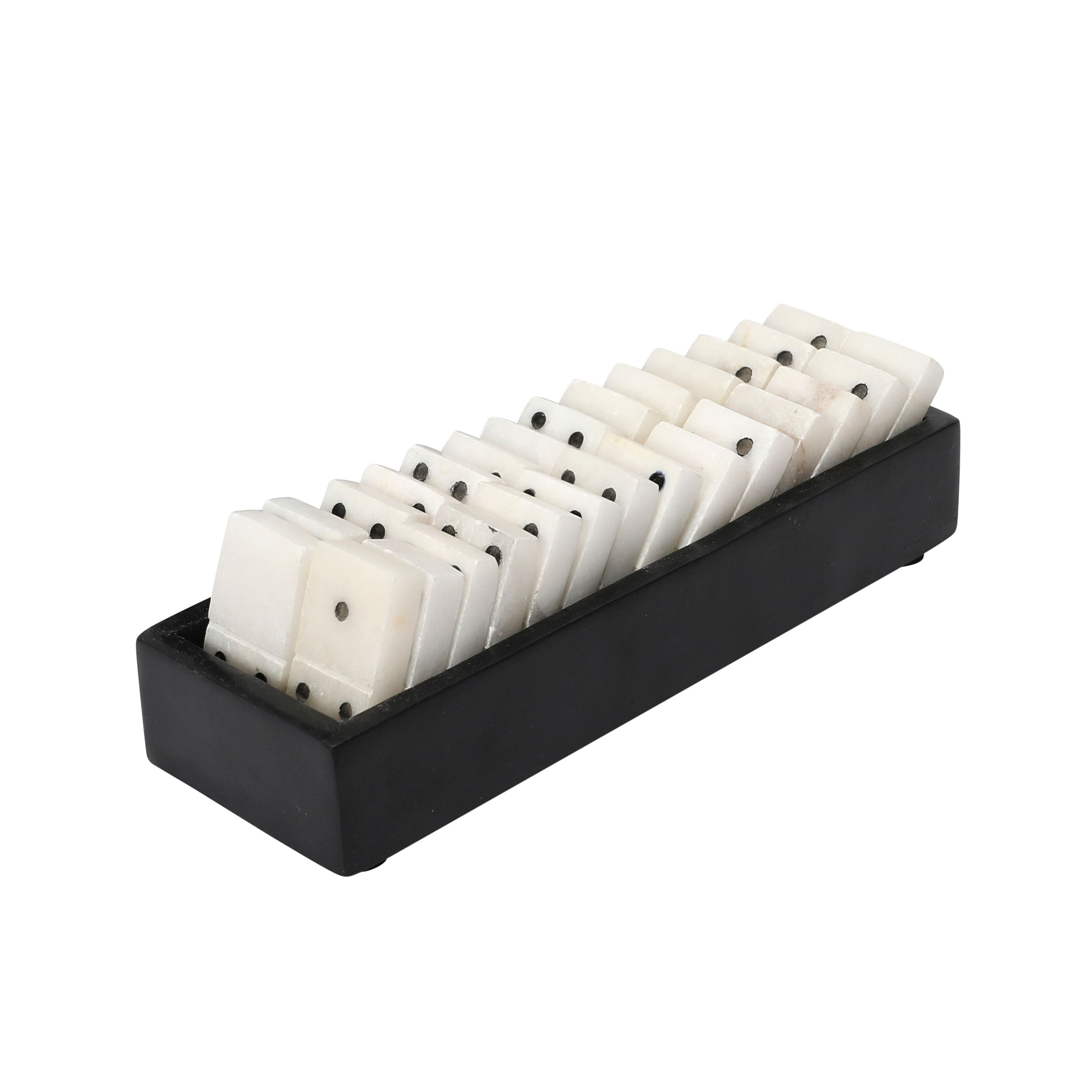 Hello Honey® 9" Black and White Handmade Alabaster Dominos in Soapstone Tray