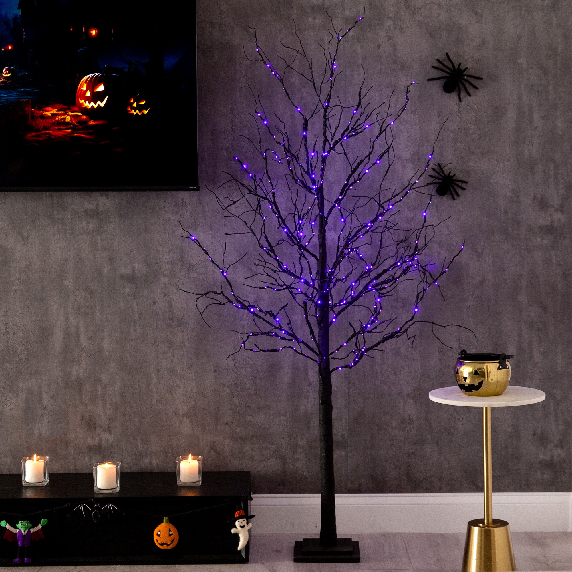 6ft. Orange &#x26; Purple LED Pre-Lit Halloween Deluxe Black Twig Artificial Fall Tree