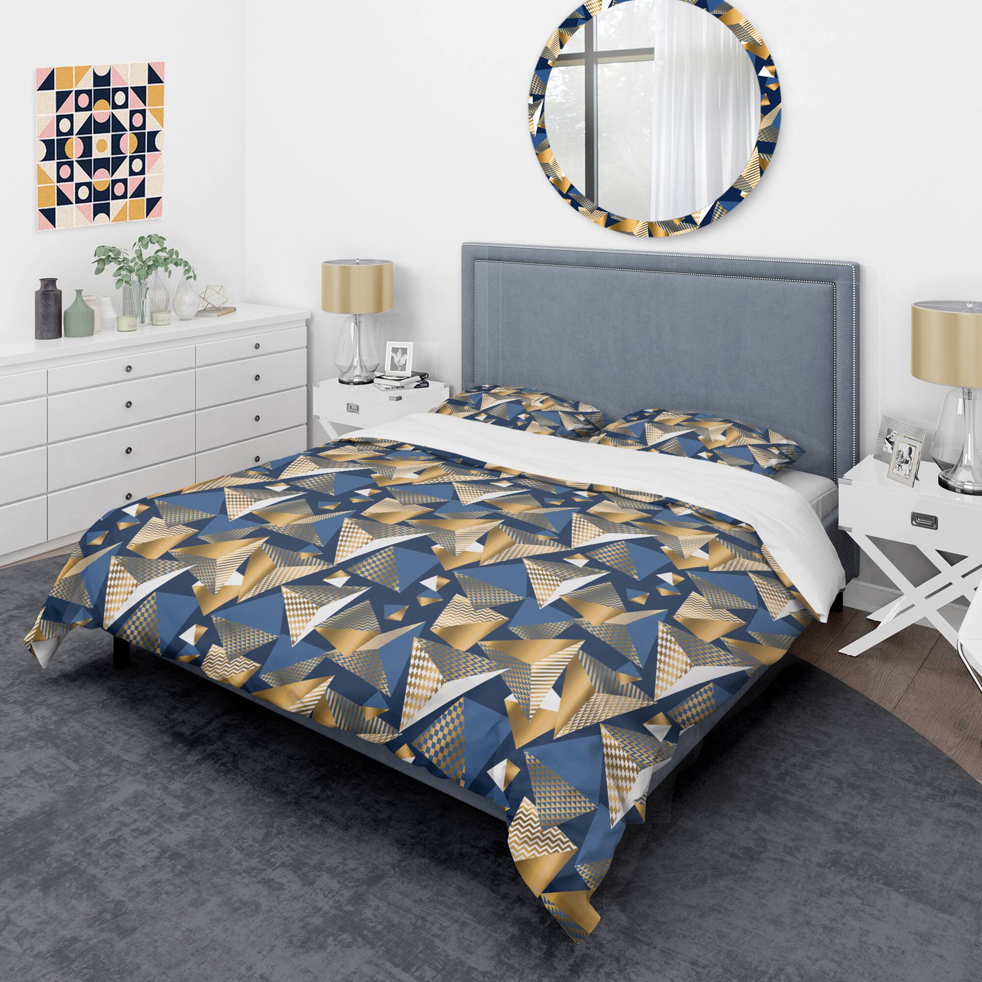 Designart &#x27;Gold And Blue Cubes&#x27; Mid-Century Duvet Cover Set