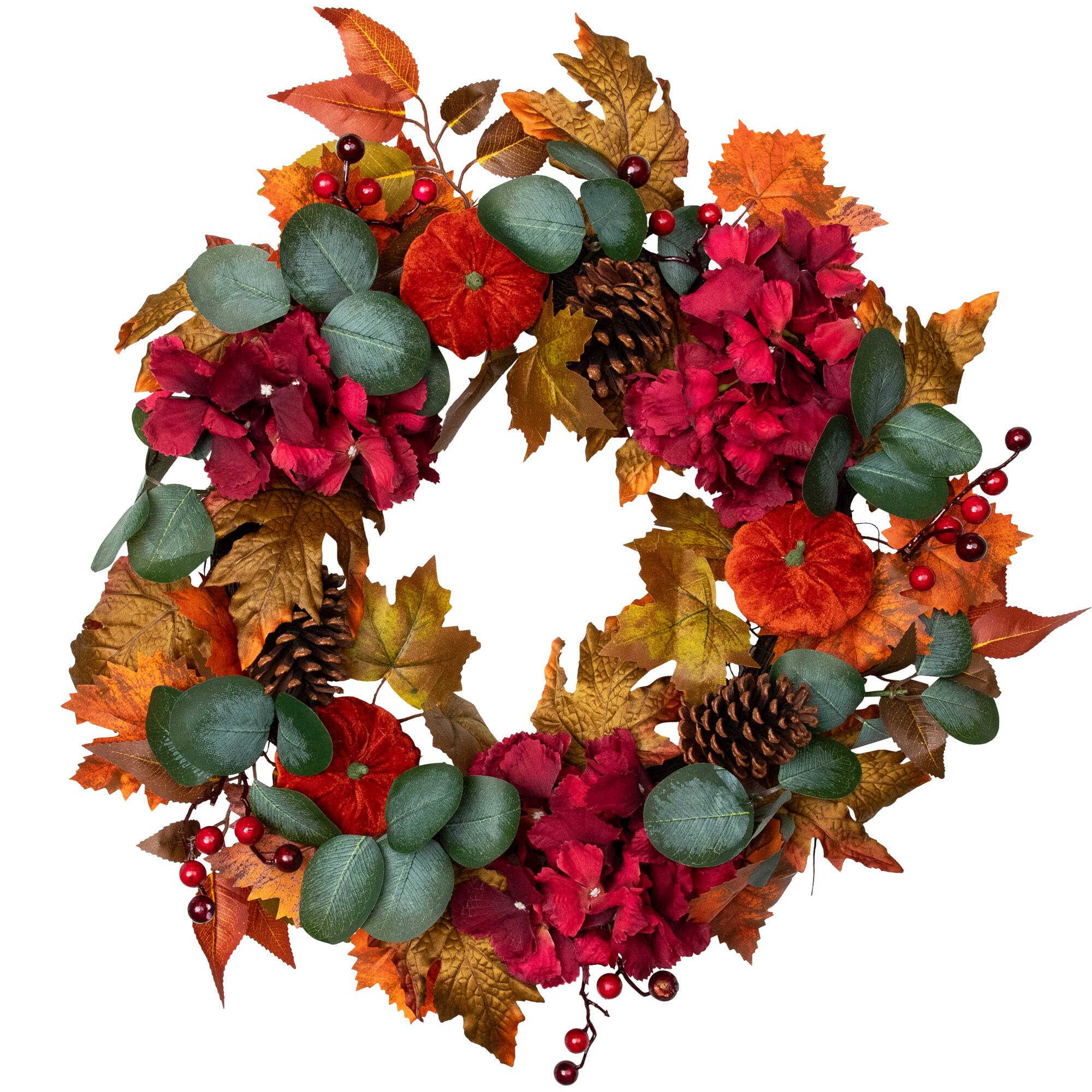 22" Orange & Burgundy Fall Harvest Artificial Floral & Pinecone Wreath