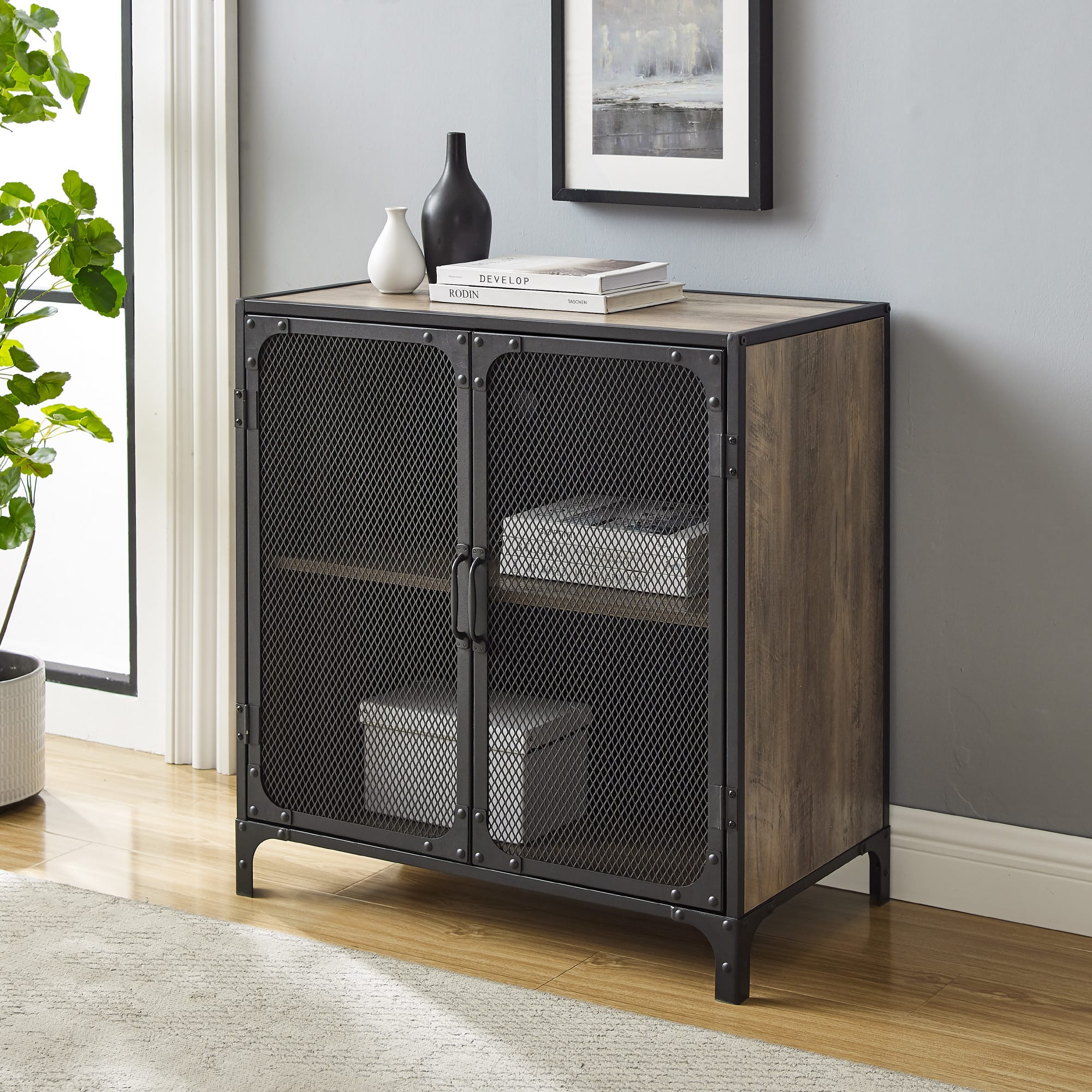 Walker Edison 30" Grey Wash Industrial Mesh Metal Door Accent Cabinet