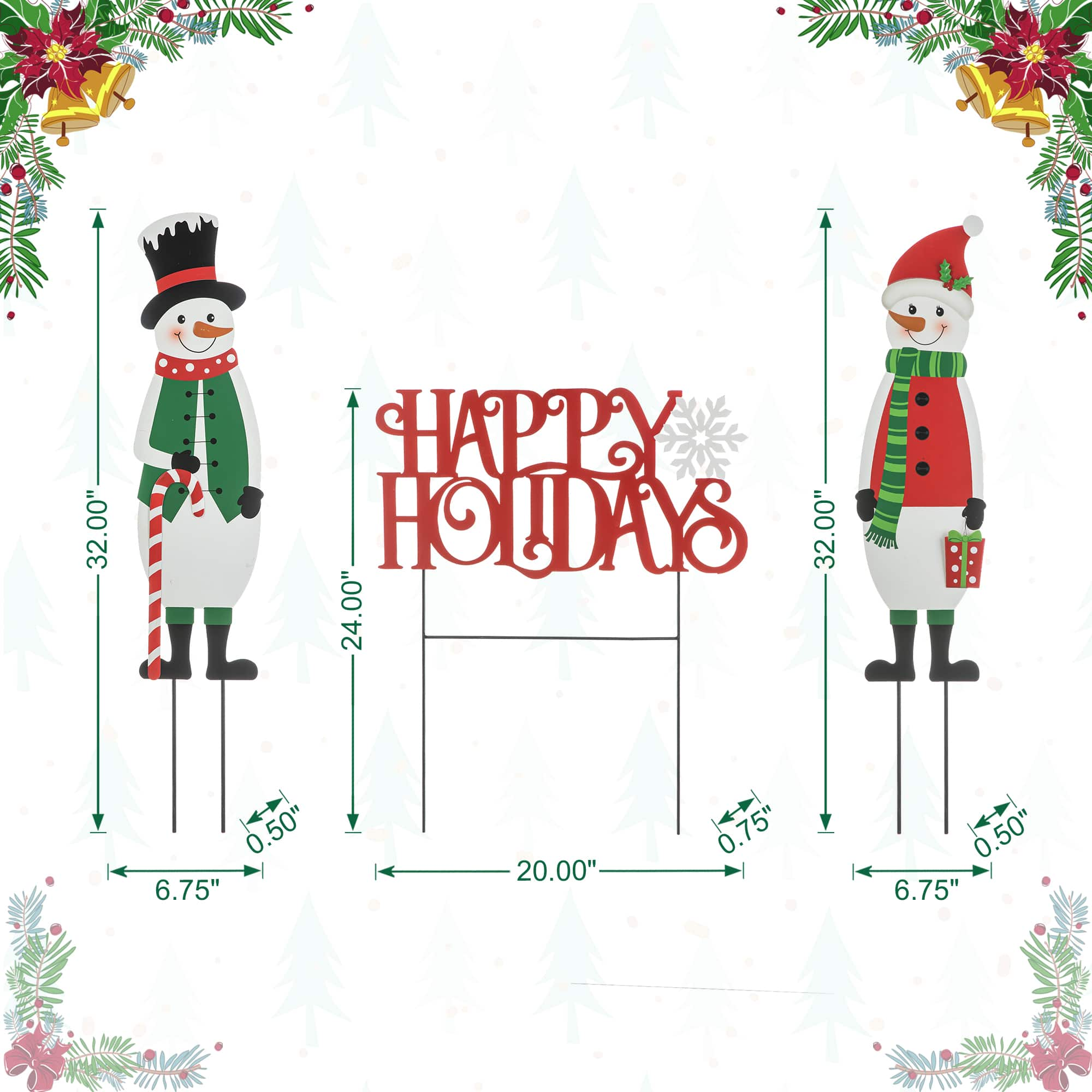 Glitzhome&#xAE; Metal Snowmen &#x26; Happy Holidays Yard Stake Set