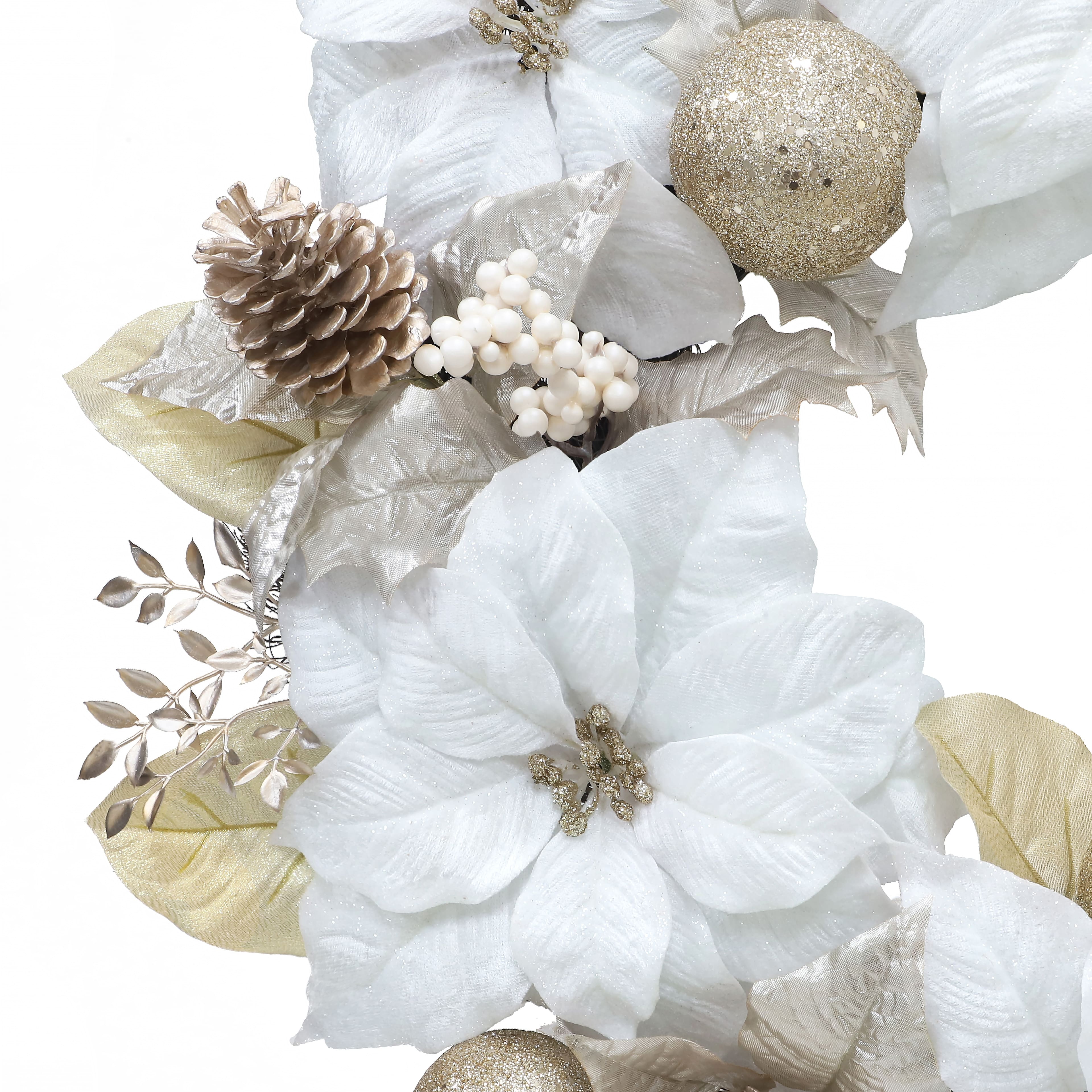 26&#x22; White &#x26; Gold Poinsettia, Berry &#x26; Ornament Wreath by Ashland&#xAE;