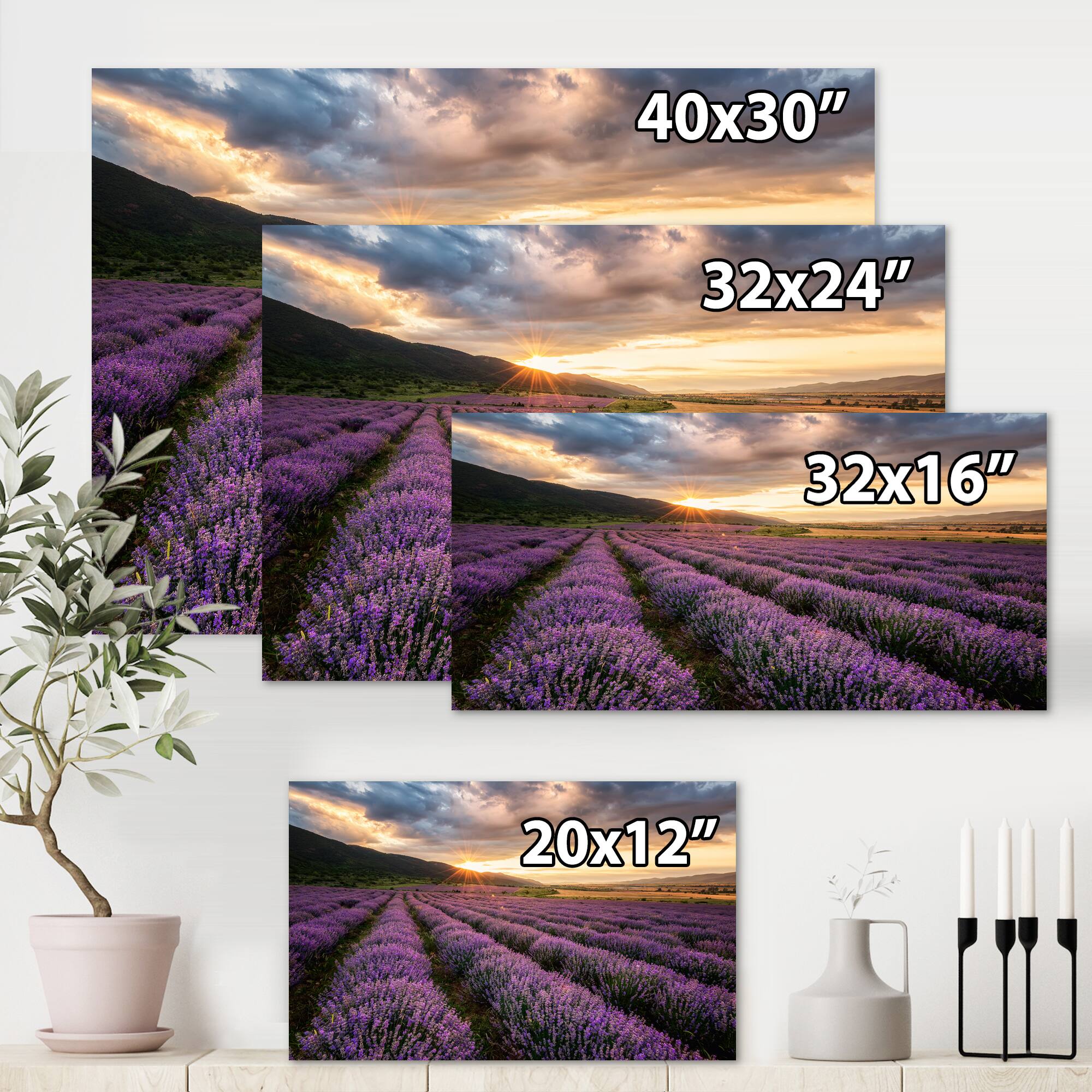 Designart - Sunrise &#x26; Dramatic Clouds Over Lavender Field VI - Farmhouse Canvas Wall Art Print