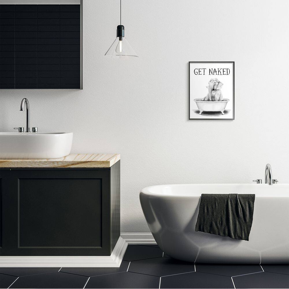 Stupell Industries Elephant Bathroom Humor Get Naked Phrase Animal Tub Framed Wall Art 