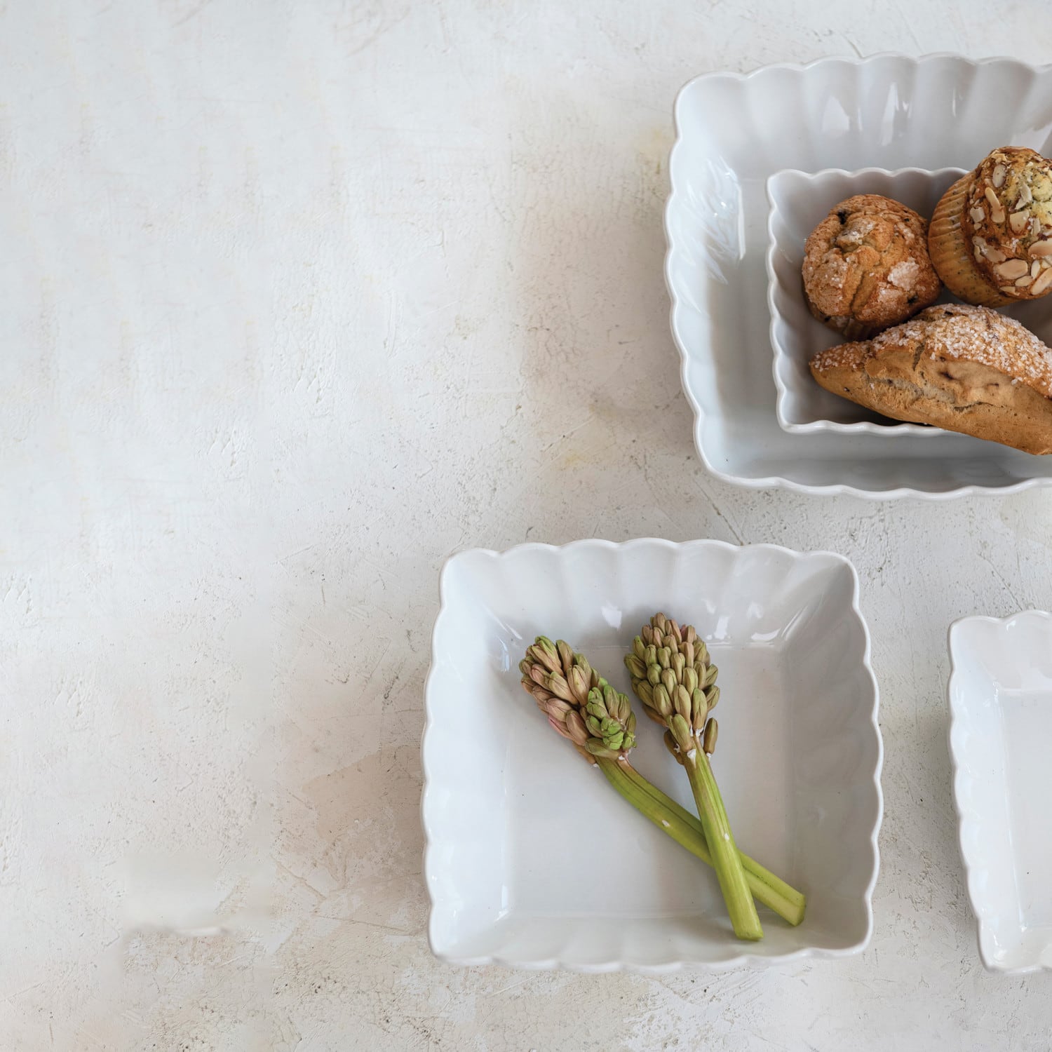 Matte White Square Stoneware Scalloped Edge Serving Dish Set