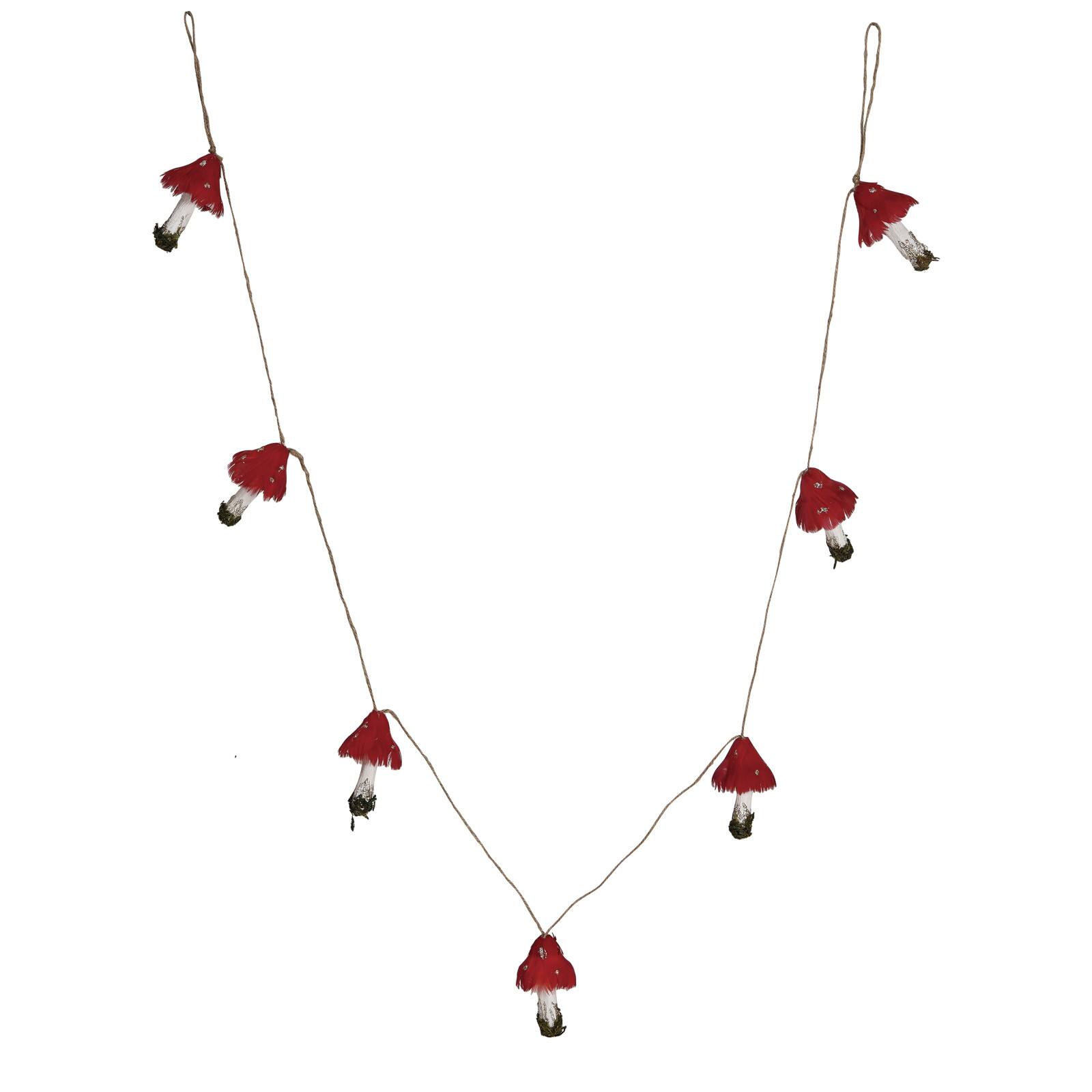 Hello Honey 6ft. Pink, White &#x26; Green Feather &#x26; Foam Mushroom Garland with Gold Glitter &#x26; Faux Moss