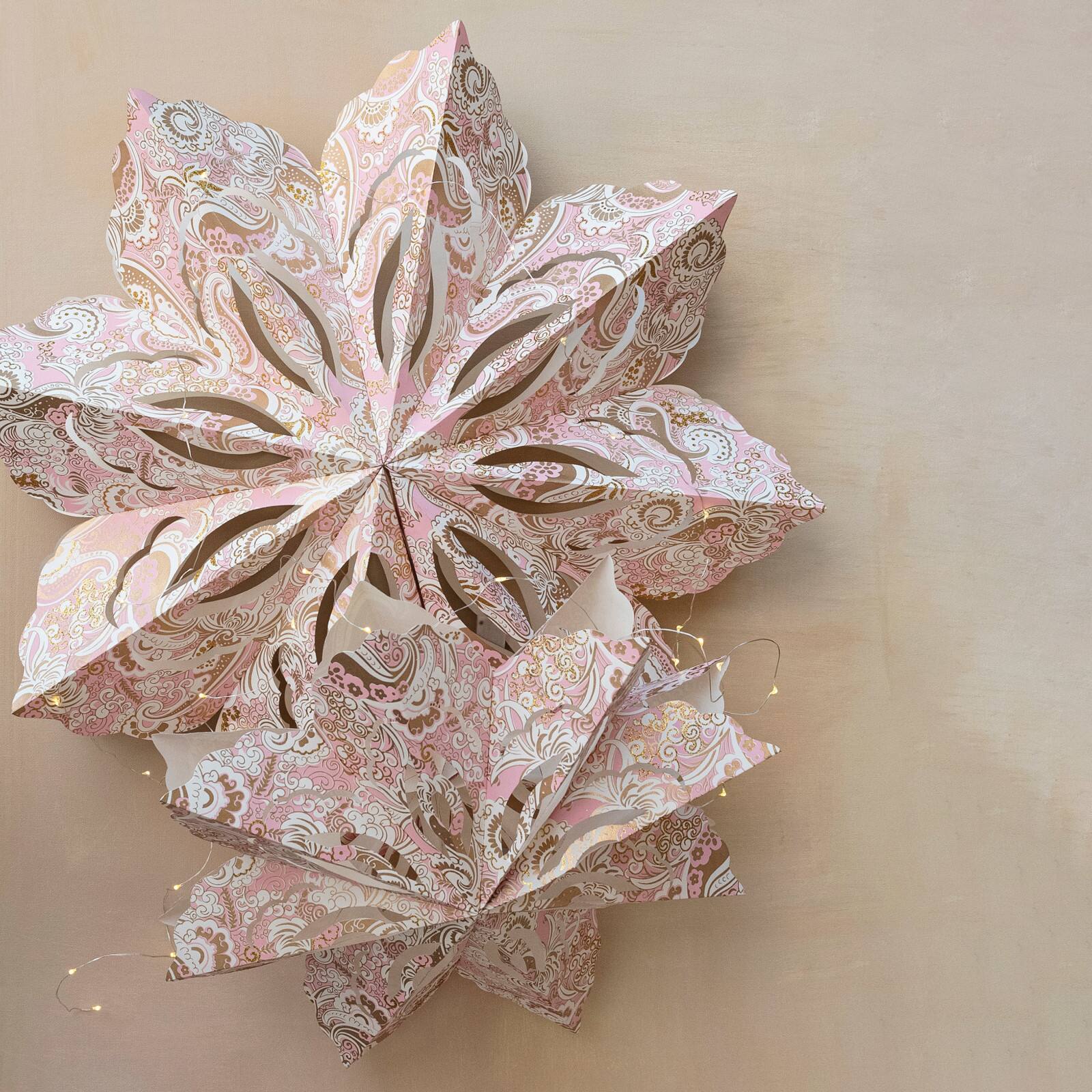Hello Honey® 25" LED Pink, White & Gold Printed Paper Folding Snowflake Ornament with Paisley Pattern