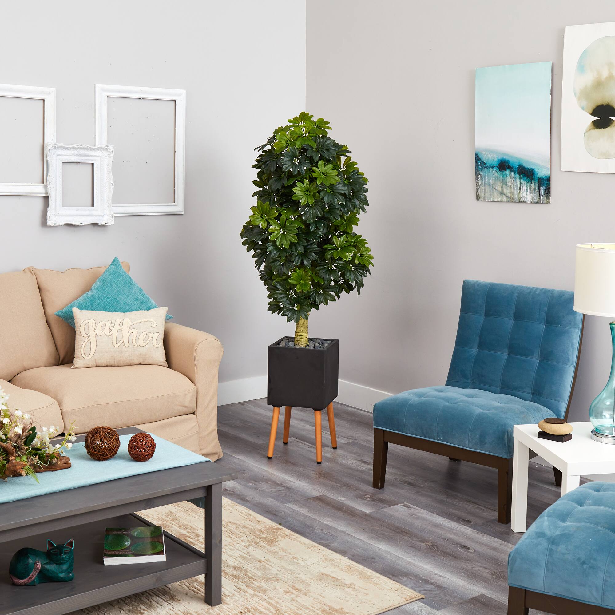 70" Schefflera Tree in Black Planter with Stand