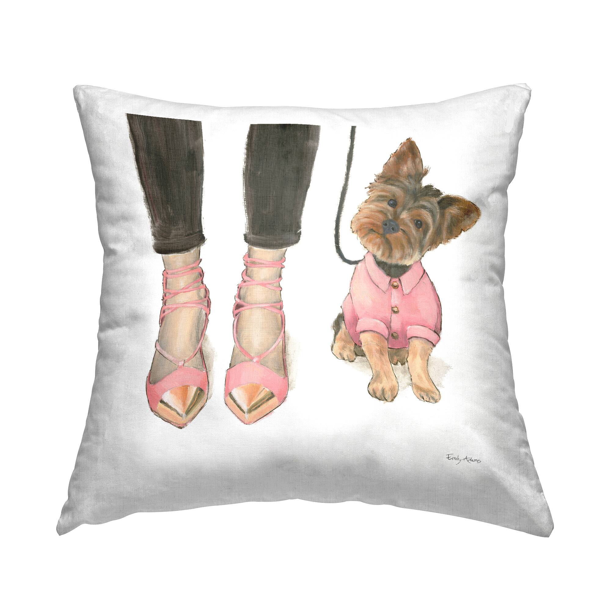 Stupell Industries Glam Dog Walk Heels Fashion Pink Gold Design Throw Pillow 18" x 18"