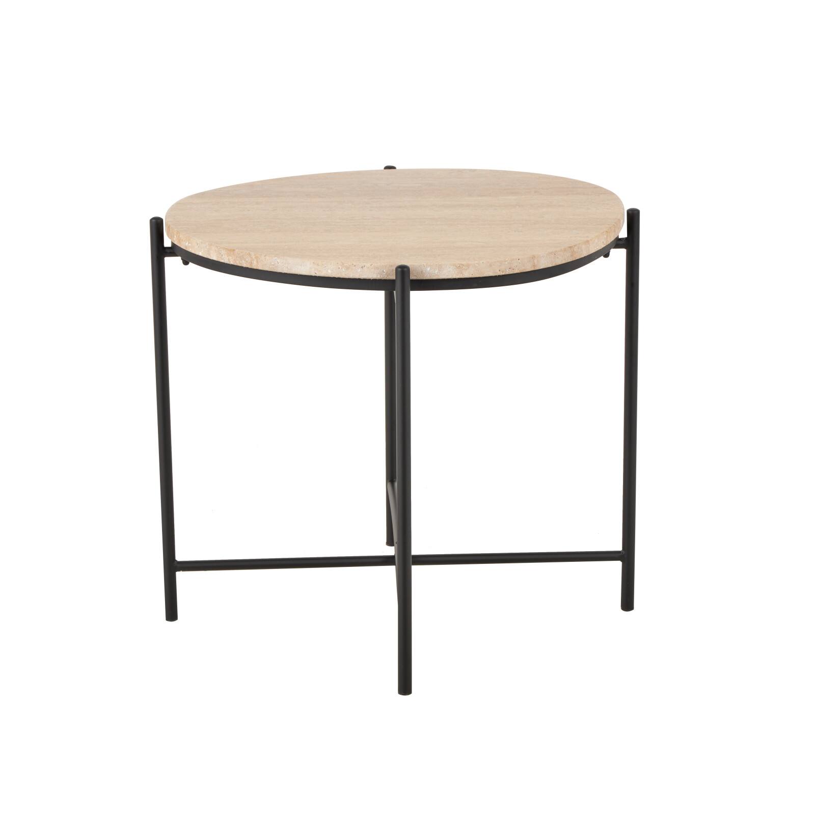 19.75" Beige Marble Accent Table with Black Metal Support