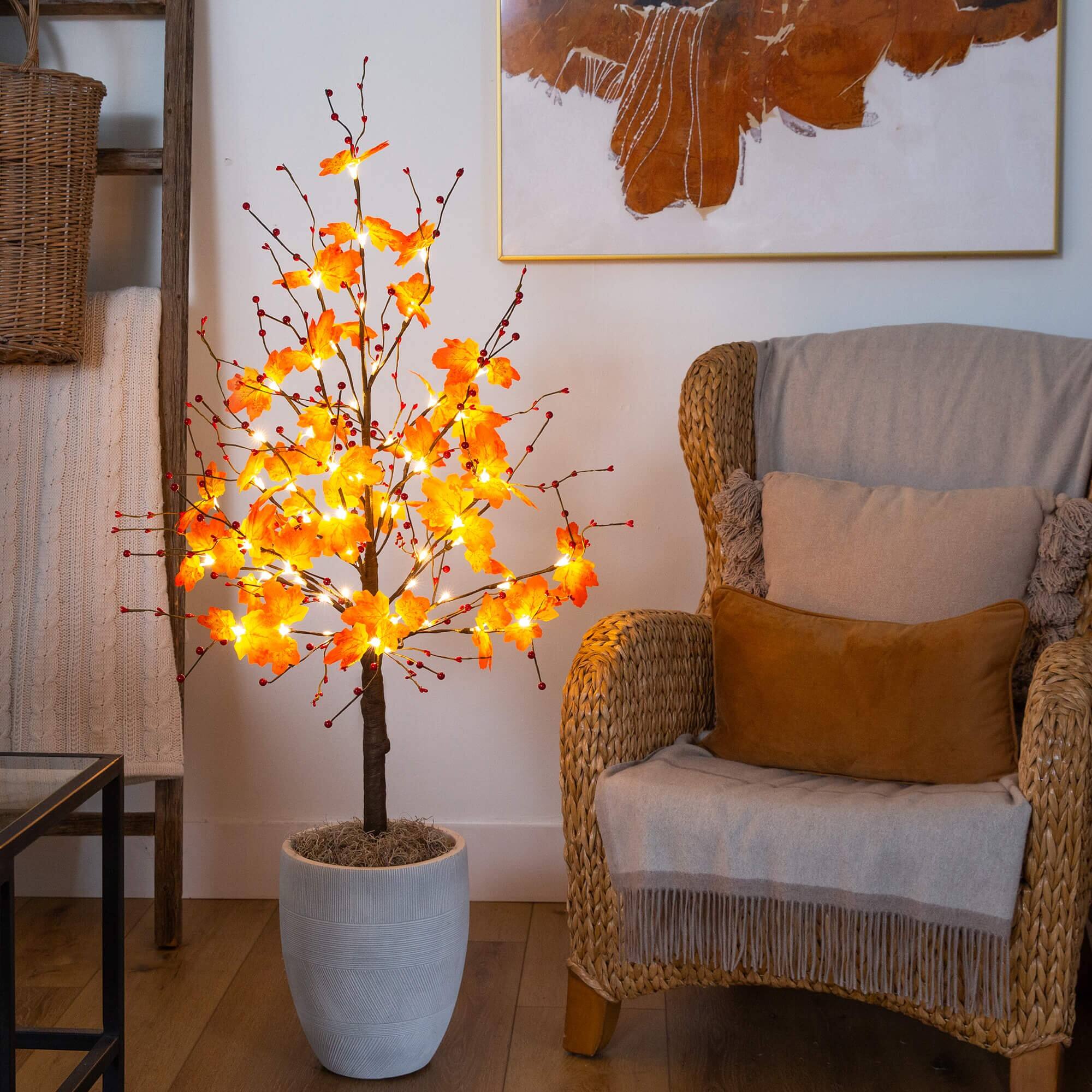 4ft. Pre-Lit Autumn Maple Artificial Fall Tree with Berries and 60 Warm White LED Lights