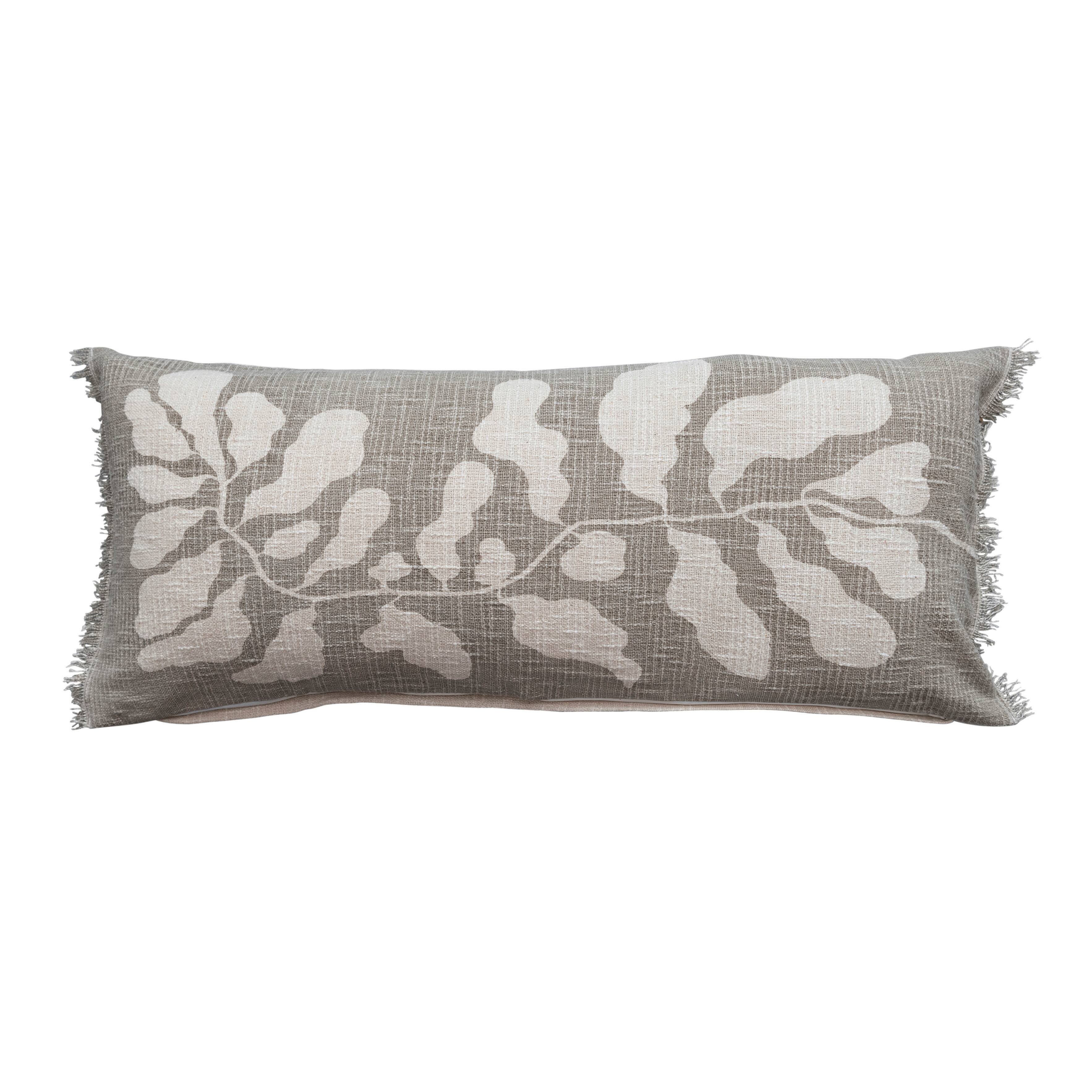 Hello Honey® Gray Botanical Print Cotton Lumbar Pillow with Fringe
