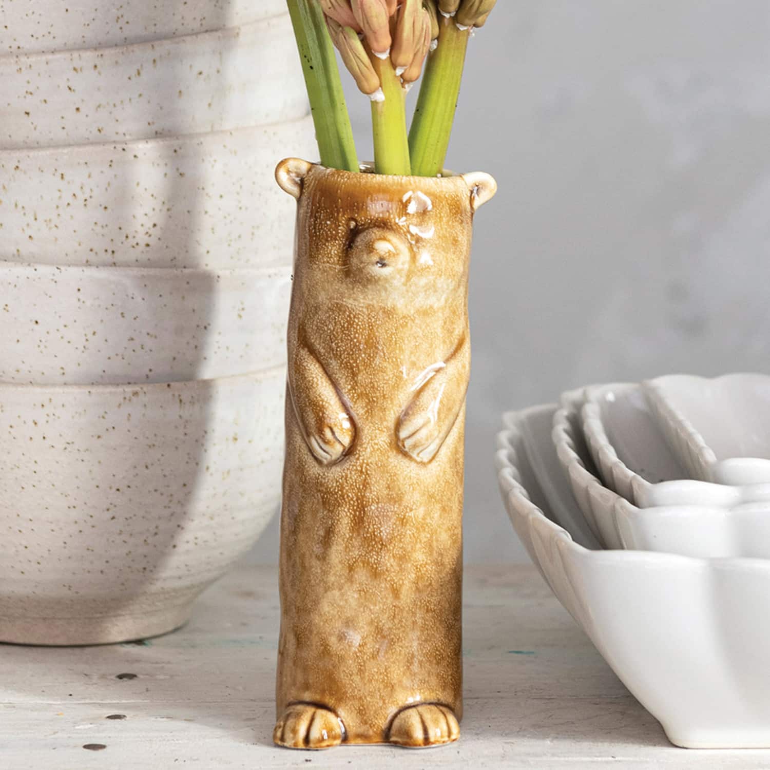 Hello Honey® 7" Brown Reactive Crackle Glaze Stoneware Bear Vase
