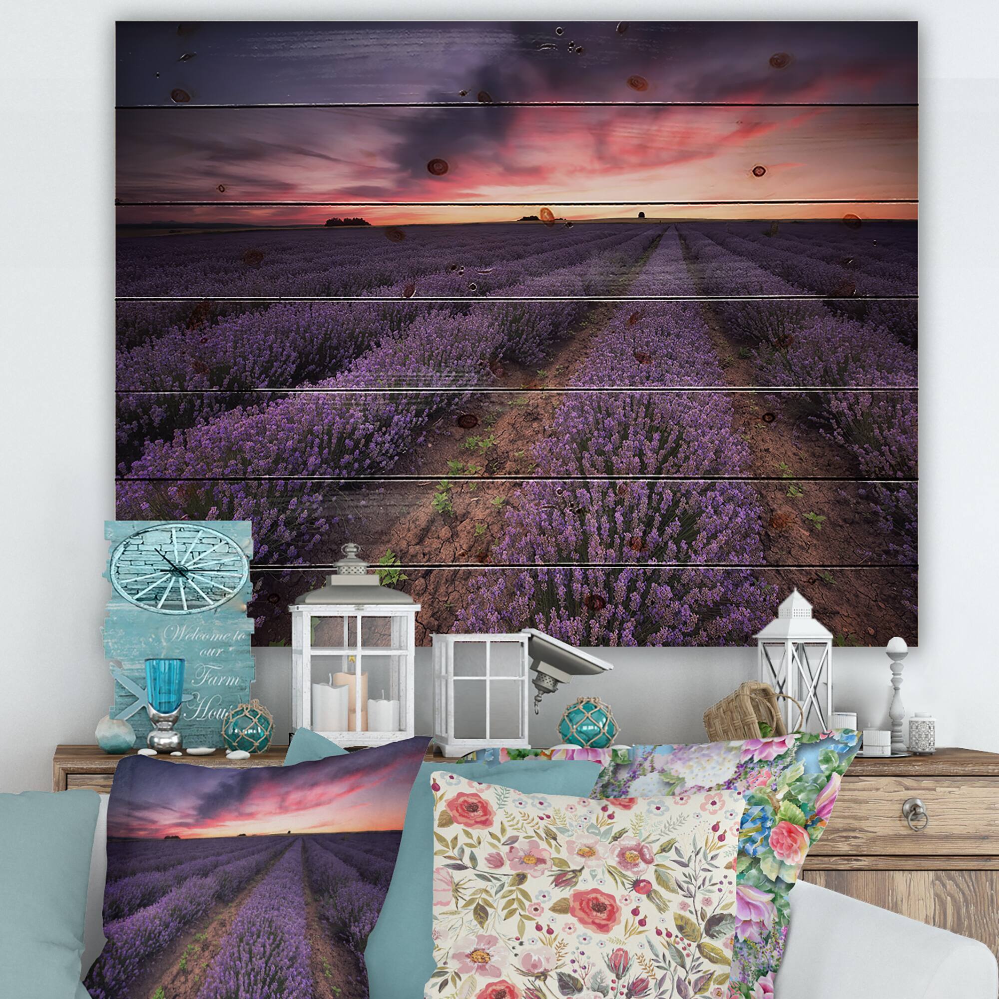 Designart - Sunrise &#x26; Dramatic Clouds Over Lavender Field IX - Farmhouse Print on Natural Pine Wood