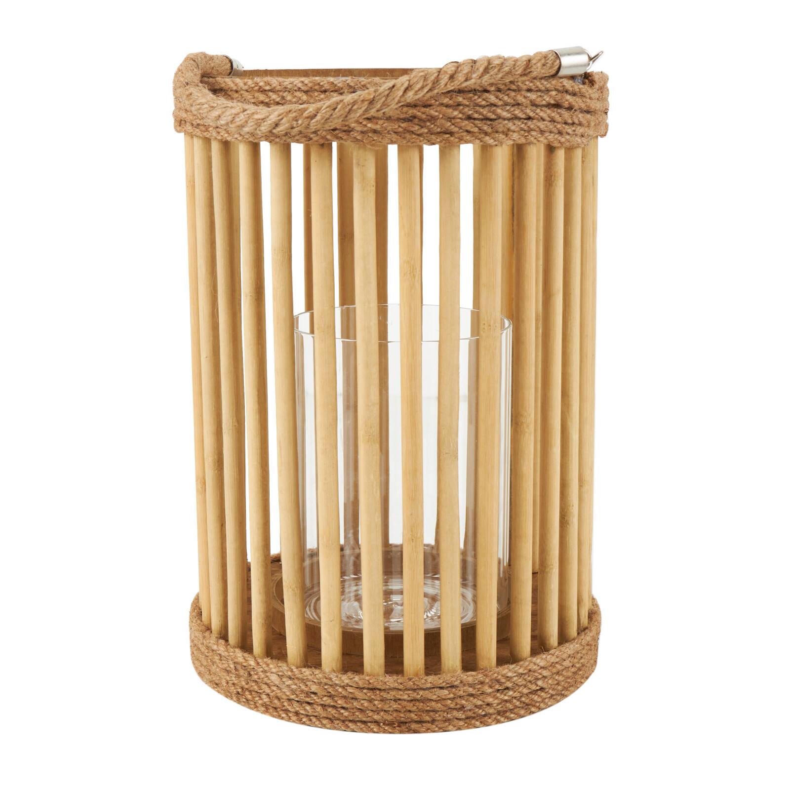 13" Brown Bamboo Handmade Open Framed Caged Candle Lantern with Rope Handle