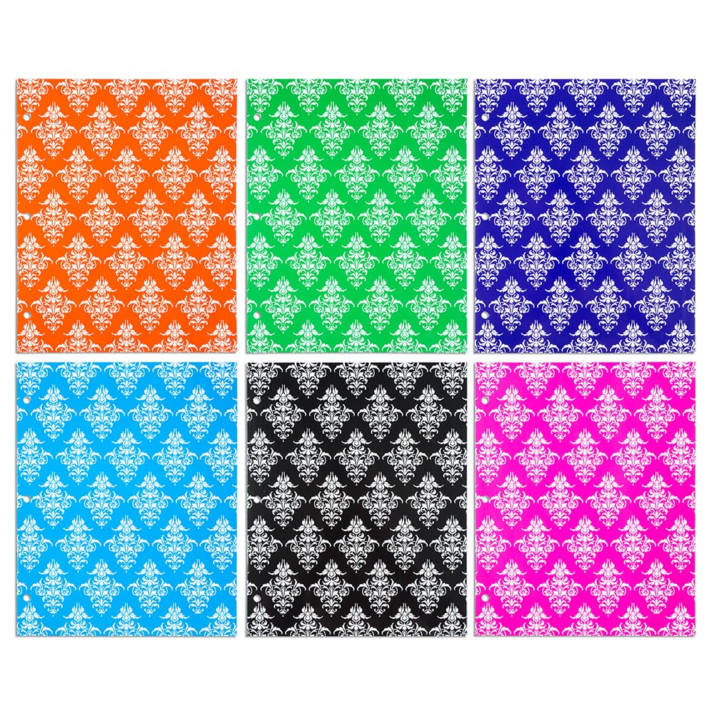 JAM Paper Damask Glossy Laminated Two Pocket 3 Hole Punch School Folders, 6ct.