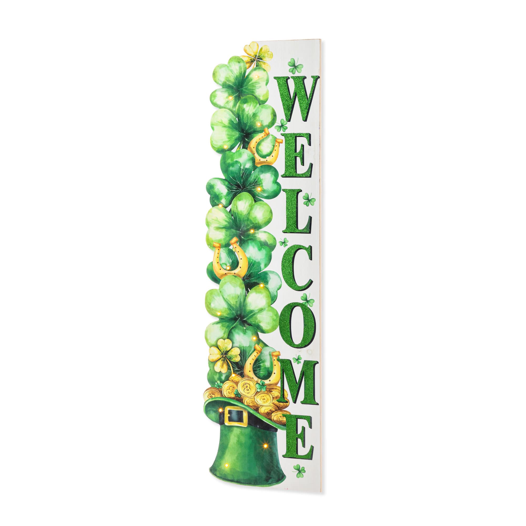 Glitzhome® 42" St. Patrick's Wooden Lighted Stacked Shamrock Porch Decor with Timer