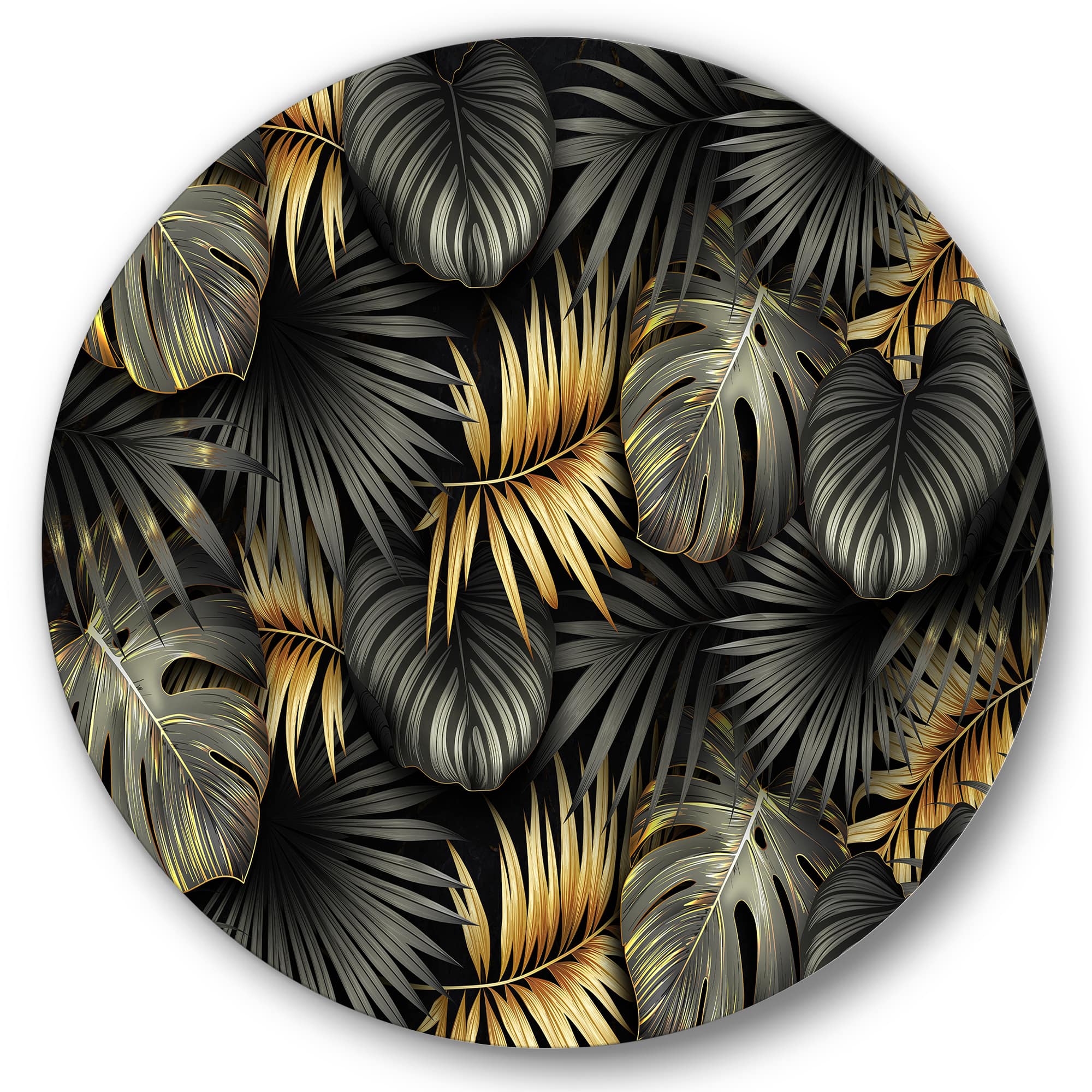 Designart - Black and Gold Tropical Leaves II - Modern Metal Circle Wall Art