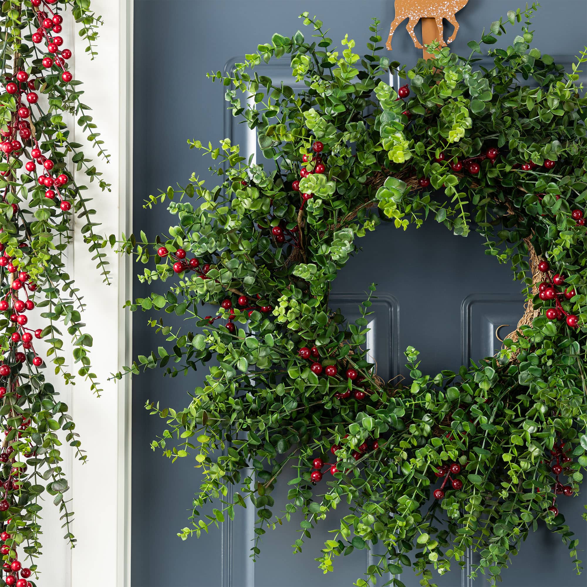 Glitzhome&#xAE; 28&#x22;D Christmas Greenery PE Eucalyptus Wreath with Red Berries
