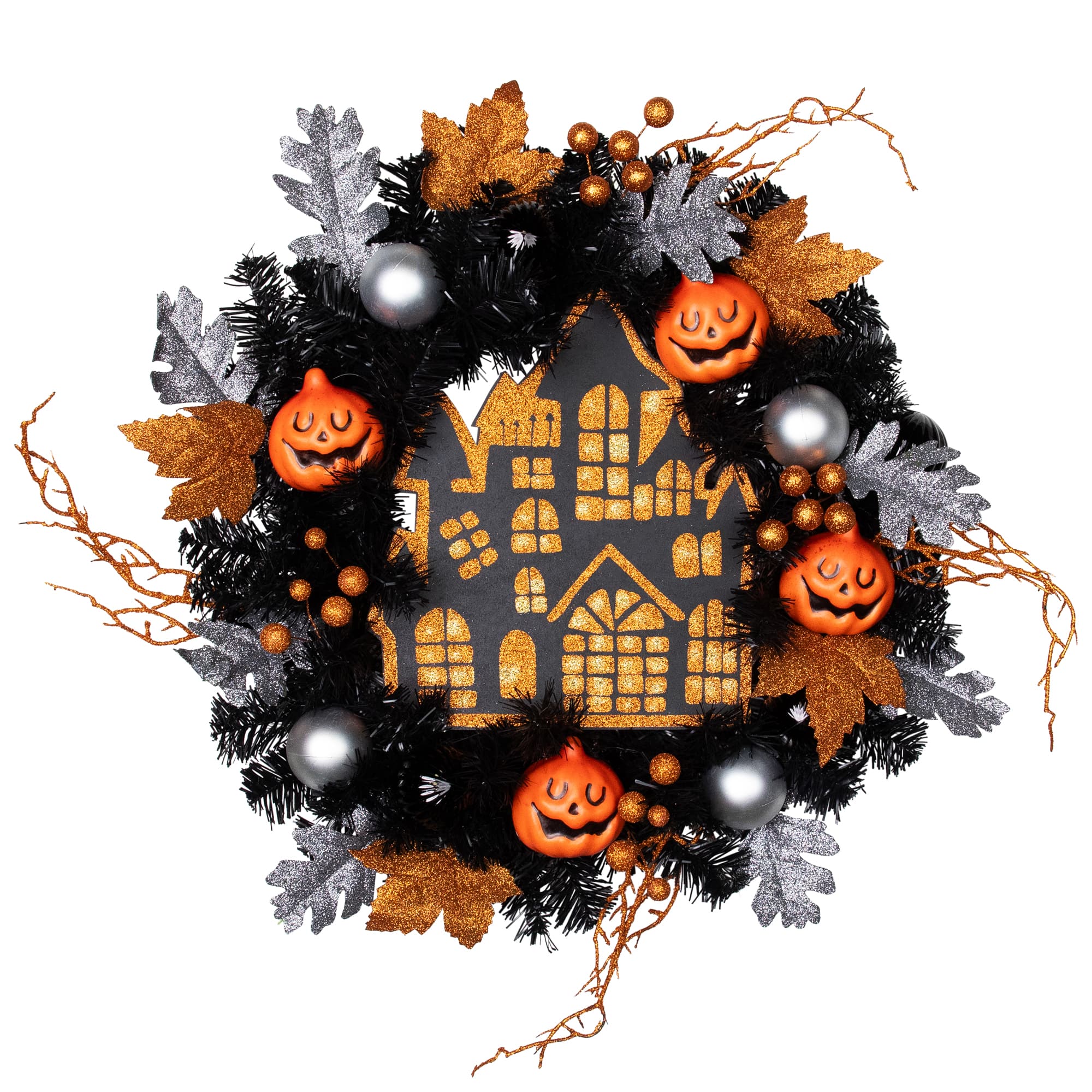 24'' Unlit Orange and Black Haunted House Halloween Wreath