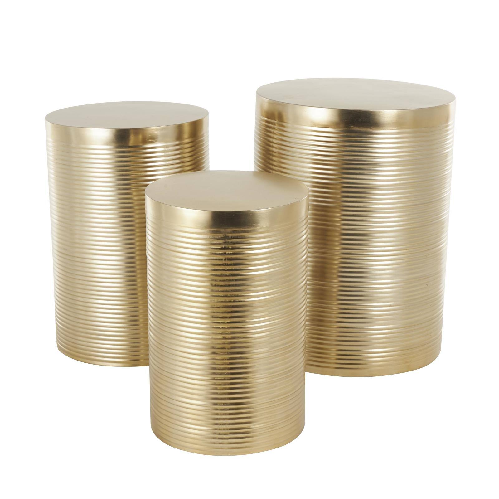 Gold Metal Metallic Ribbed Drum Accent Table Set
