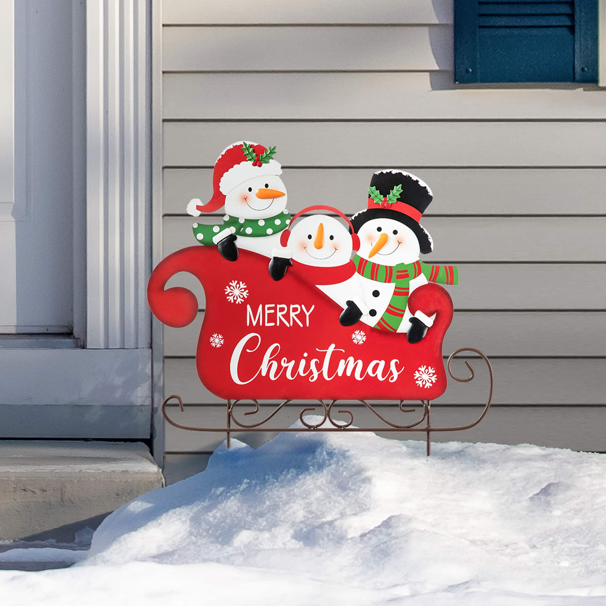 Glitzhome® 24" Metal Snowmen Riding Sleigh Yard Stake