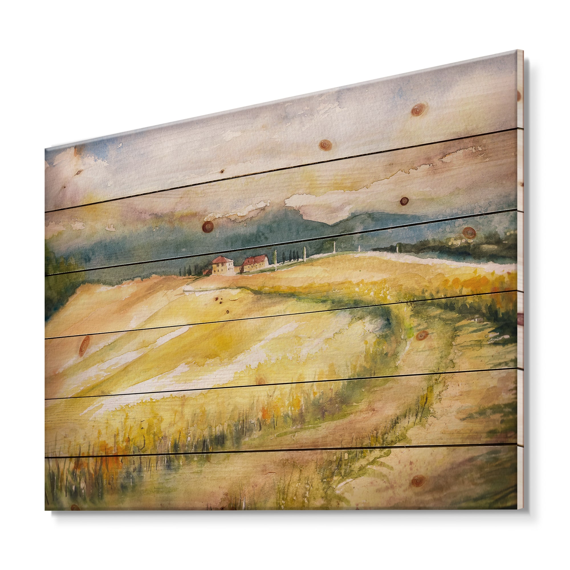 Designart - Golden Fields of Tuscany Italy - Country Print on Natural Pine Wood