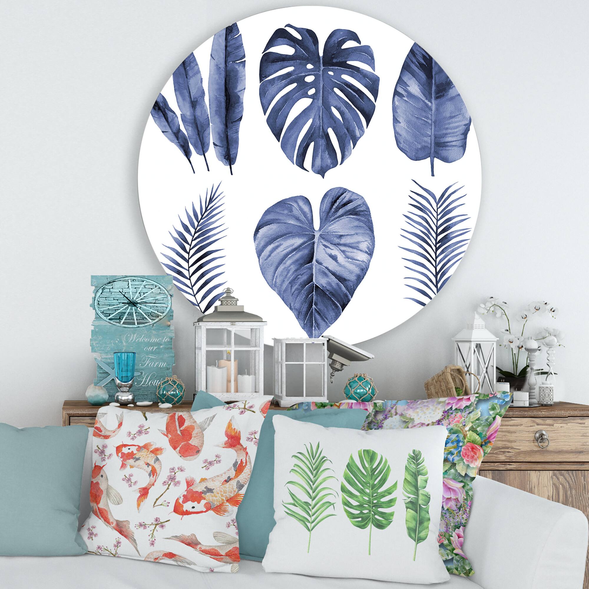 Designart - Tropical Blue Watercolour Leaves I - Farmhouse Metal Circle Wall Art