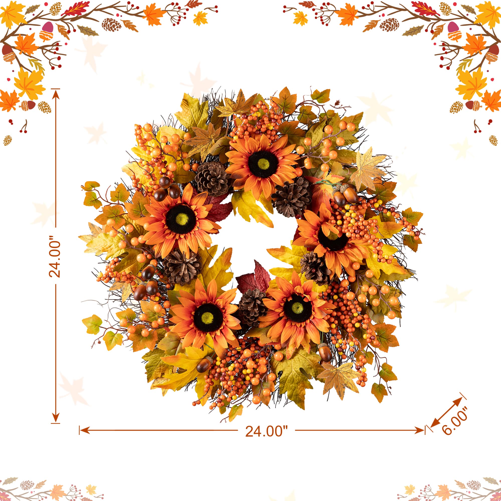 Glitzhome&#xAE; 24&#x22; Fall Sunflower, Maple Leaf &#x26;  Berry Wreath