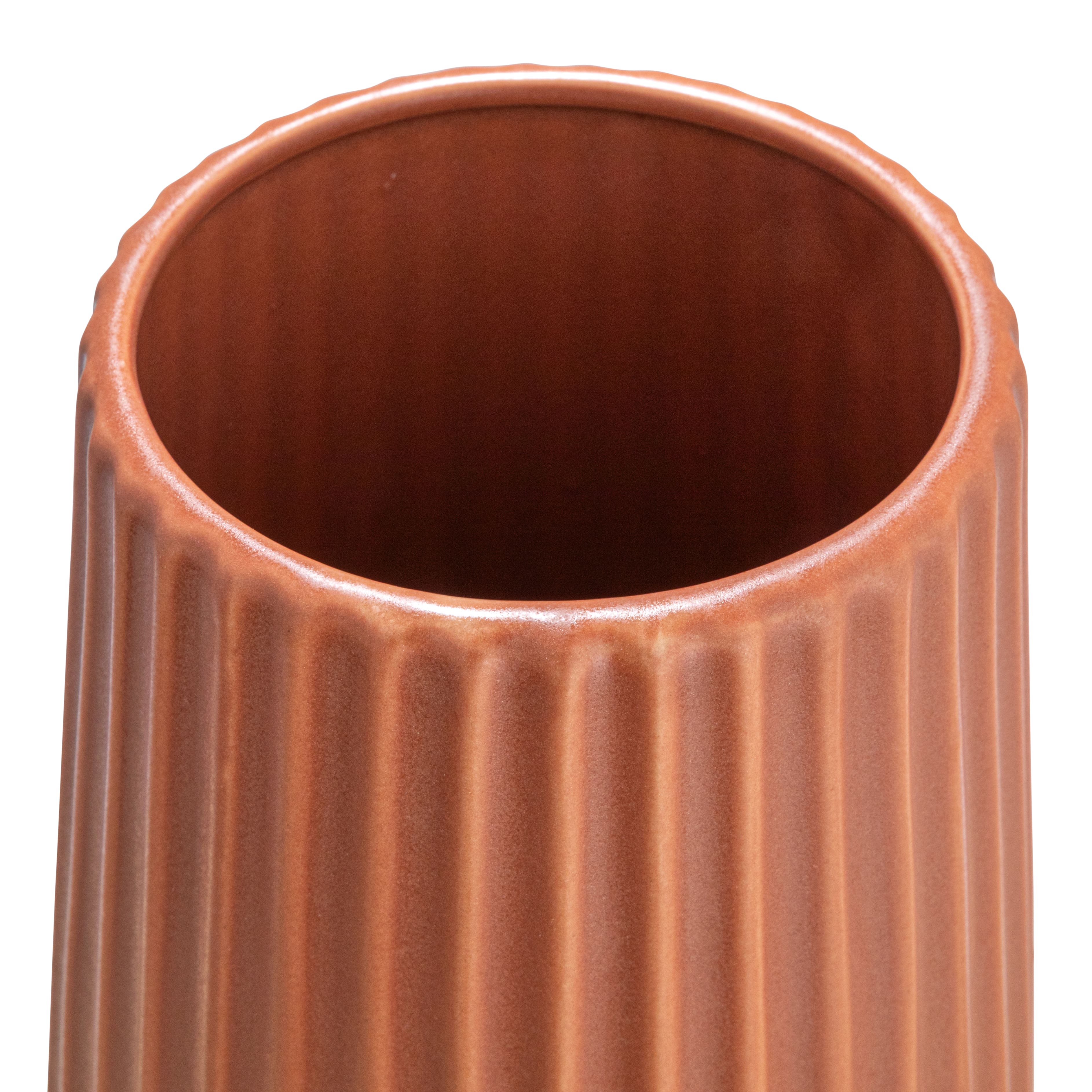 11.5&#x22; Matte Terra Cotta Round Stoneware Fluted Vase with Embossed Lines
