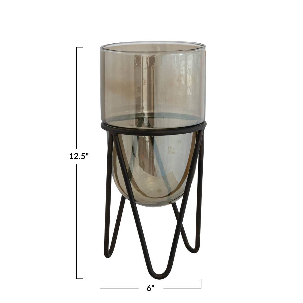 Hello Honey&#xAE; Brown &#x26; Black Glass Pillar Candle Holder With Metal Stand