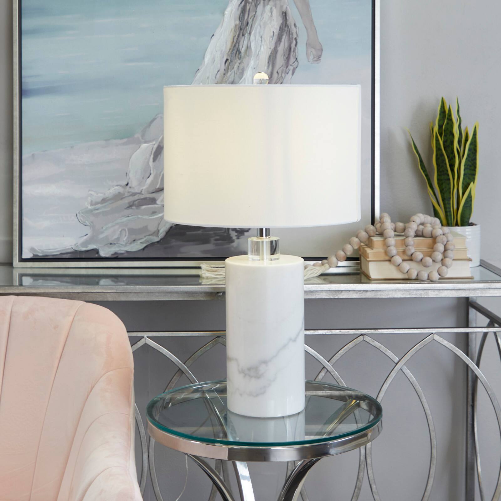 White Marble Thick Stand Table Lamp with Drum Shade 15&#x22; x 15&#x22; x 26&#x22;