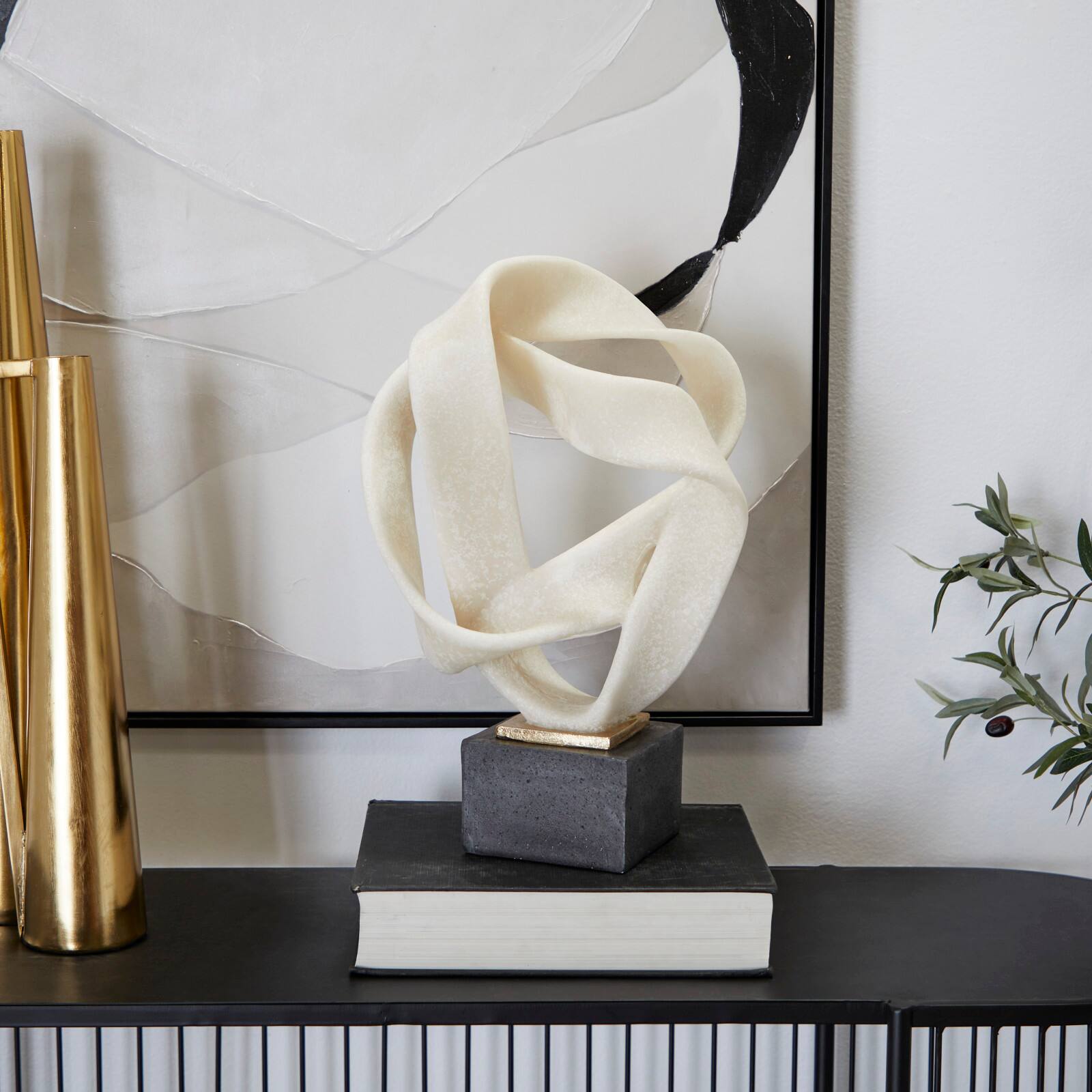 17" White Ribbon Line Abstract Sculpture with Black Base