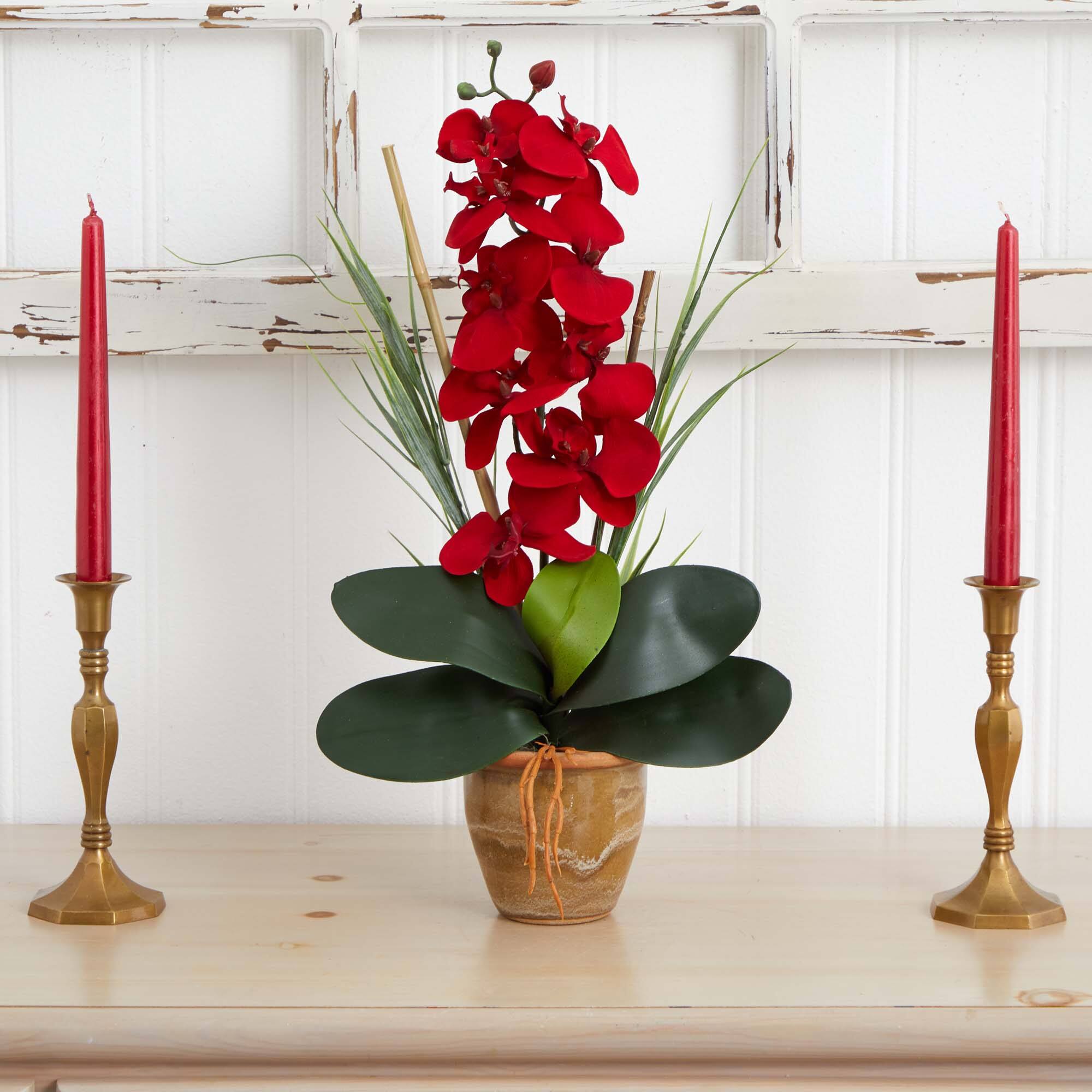 21&#x22; Red Orchid Silk Arrangement in Ceramic Vase