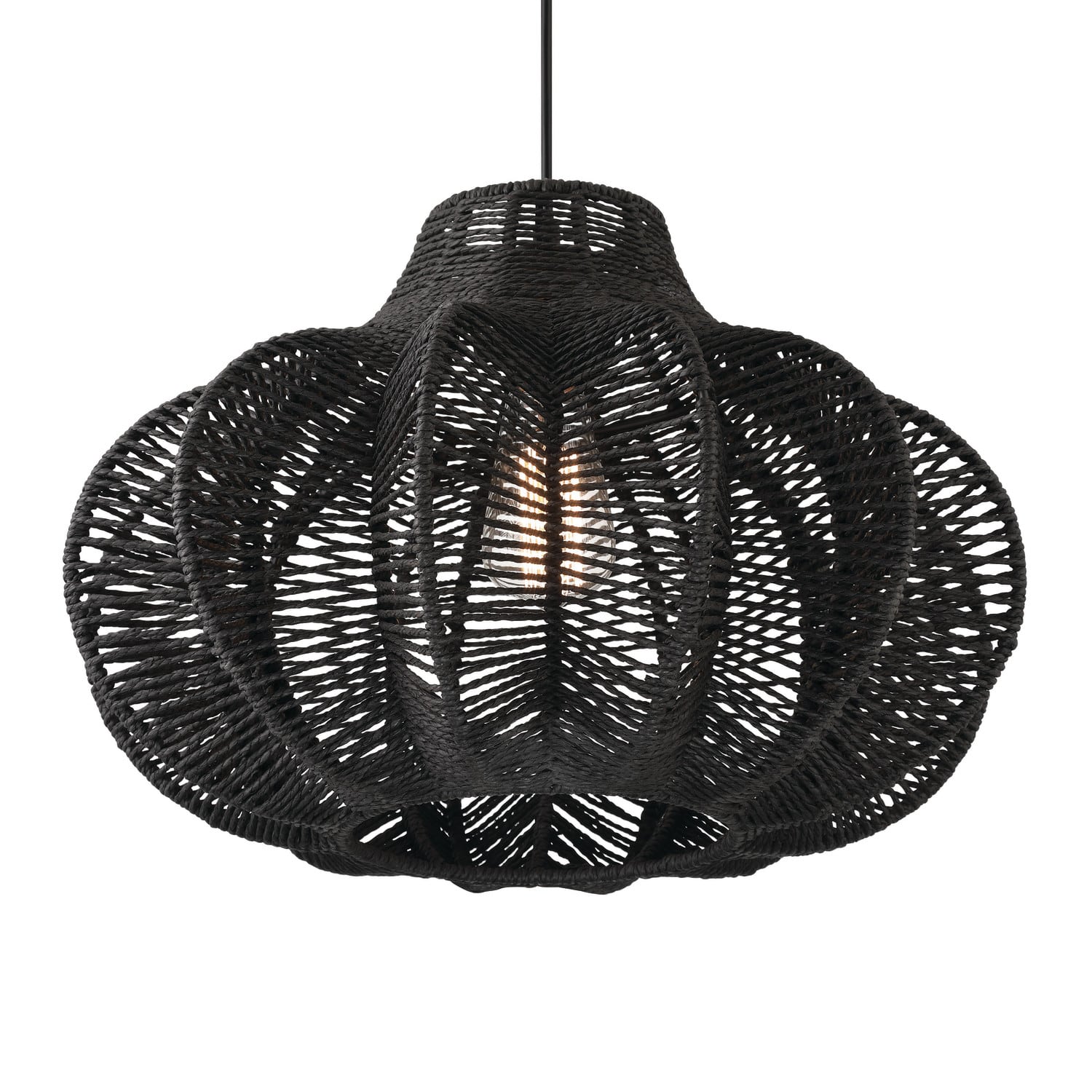 Hello Honey® 17.75" Black Boho Handwoven Paper Rope & Metal Ceiling Pendant Lamp