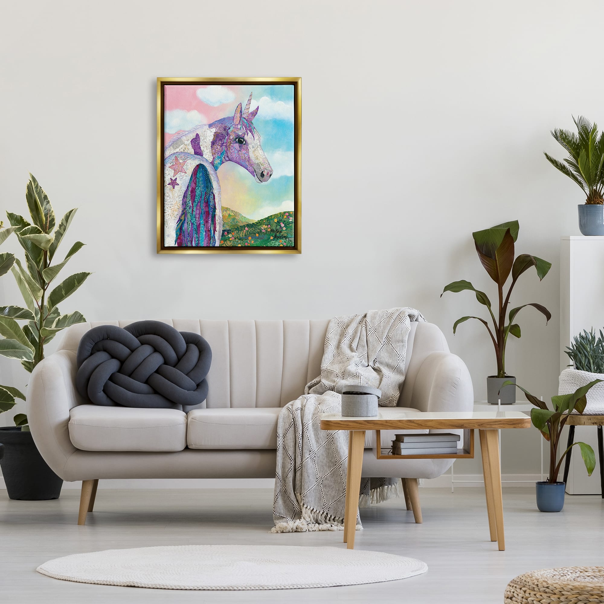 Stupell Industries Starry Eyed Unicorn Floral Fantasy Meadow Framed Floater Canvas Wall Art