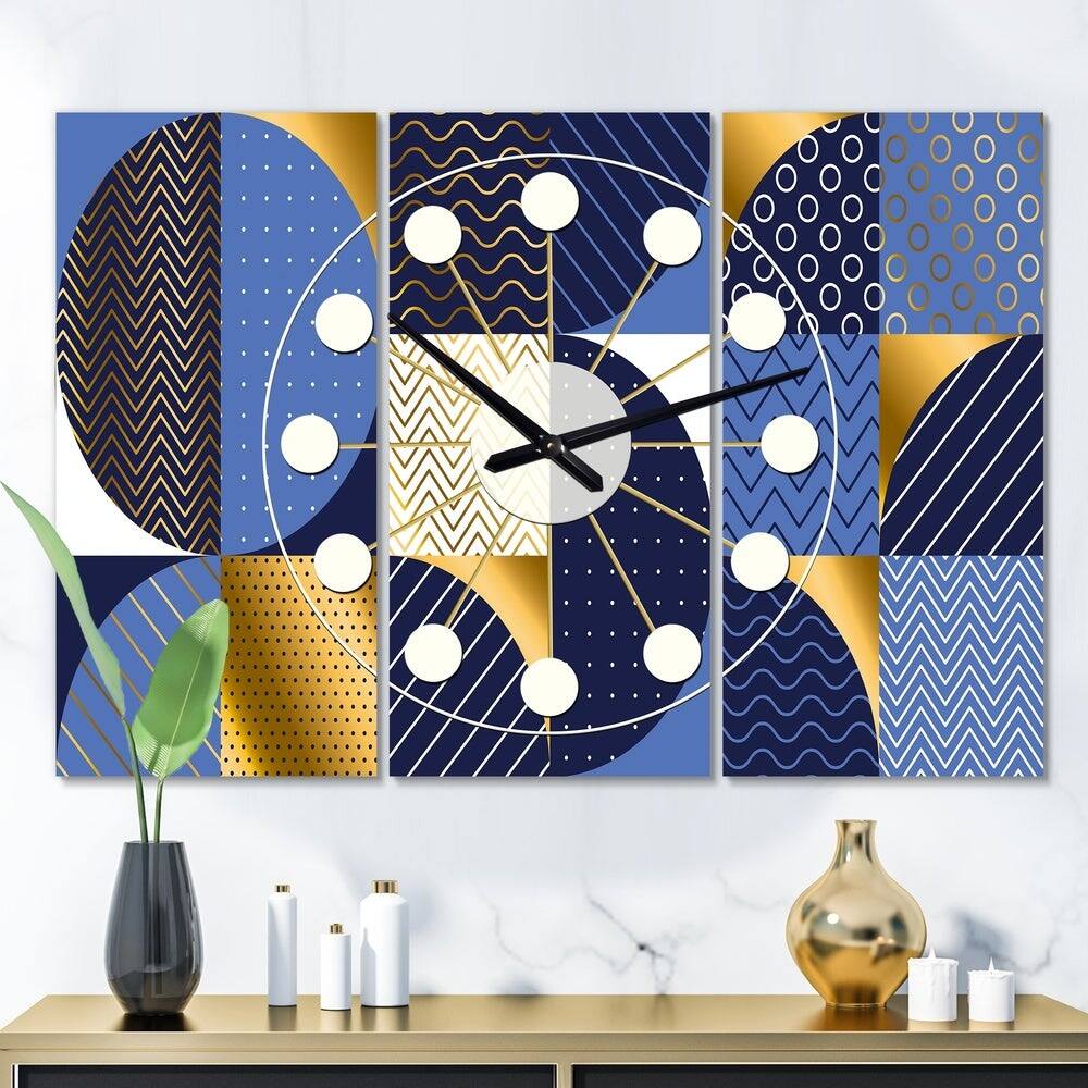 Designart Retro Luxury Waves in Gold & Blue IV Mid-Century Modern Multipanel Wall Clock