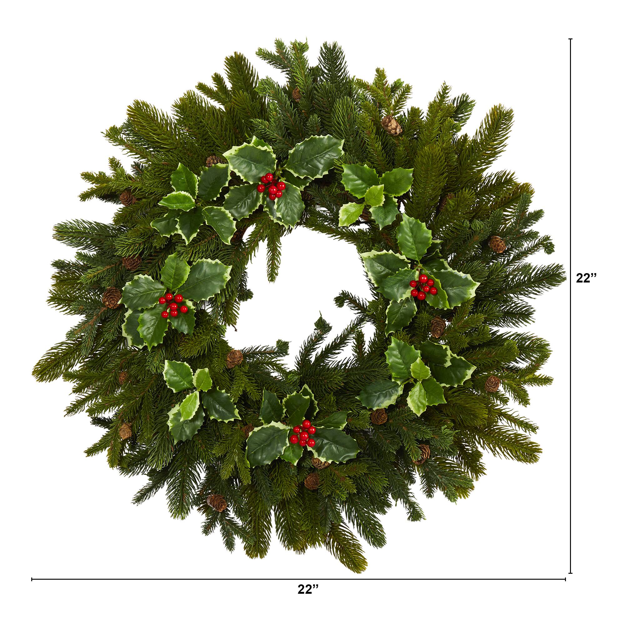 22" Pinecone & Holly Leaf Artificial Wreath