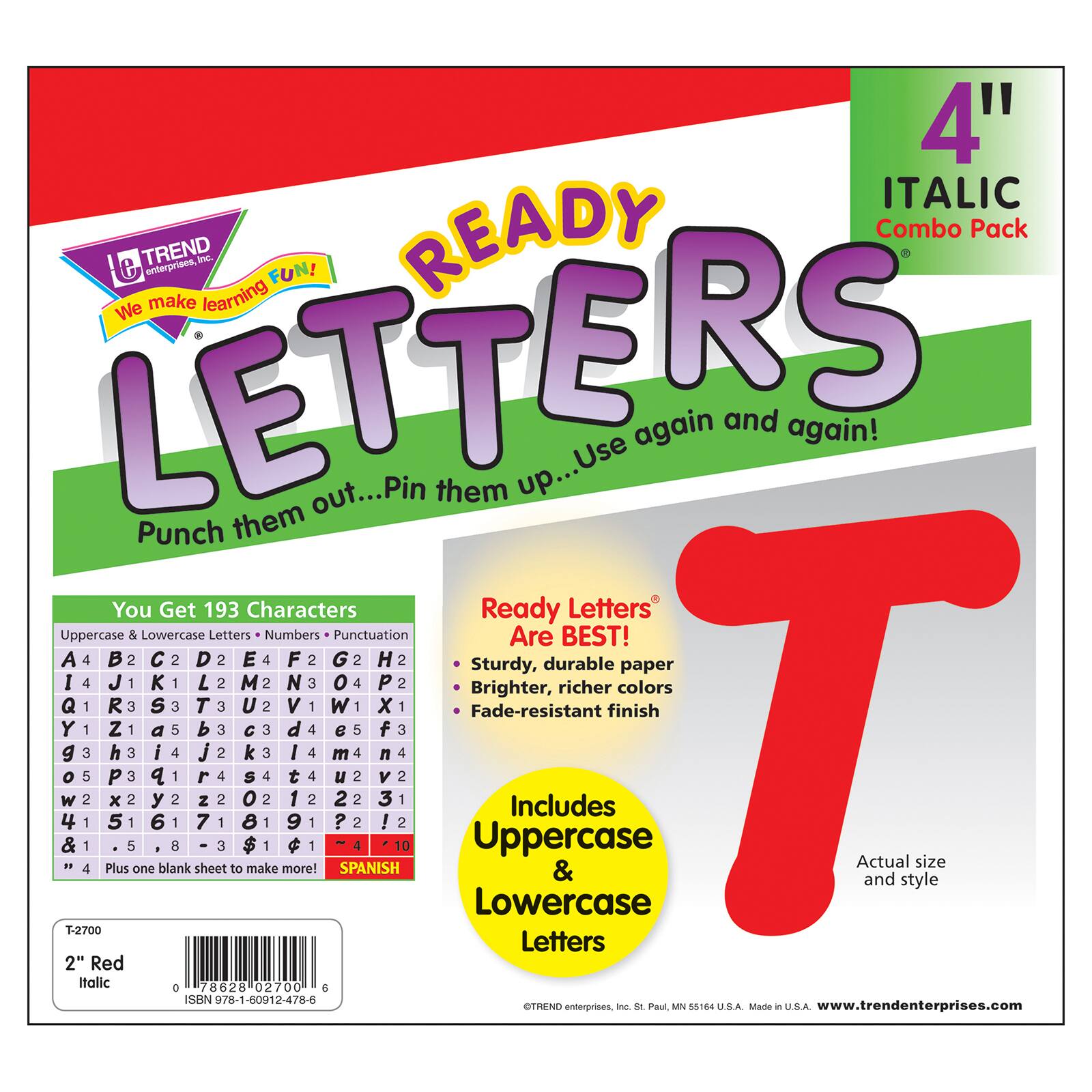 TREND Enterprises® Red 4" Italic Combo Ready Letters®, 193 Per Pack, 3 Packs