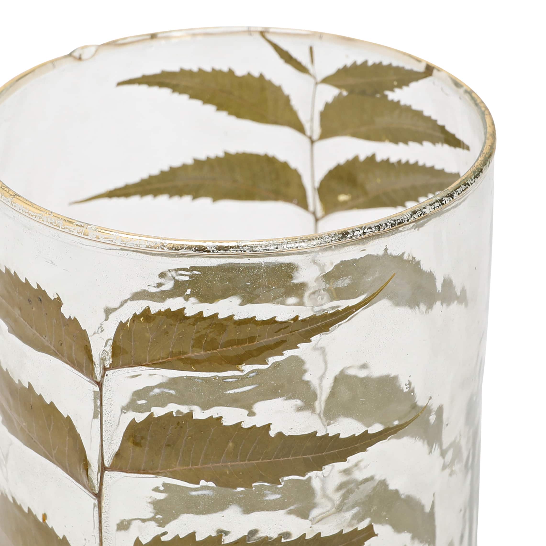 Hello Honey&#xAE; 6.5&#x22; Embedded Neem Leaves &#x26; Foil Edge Handblown Glass Hurricane