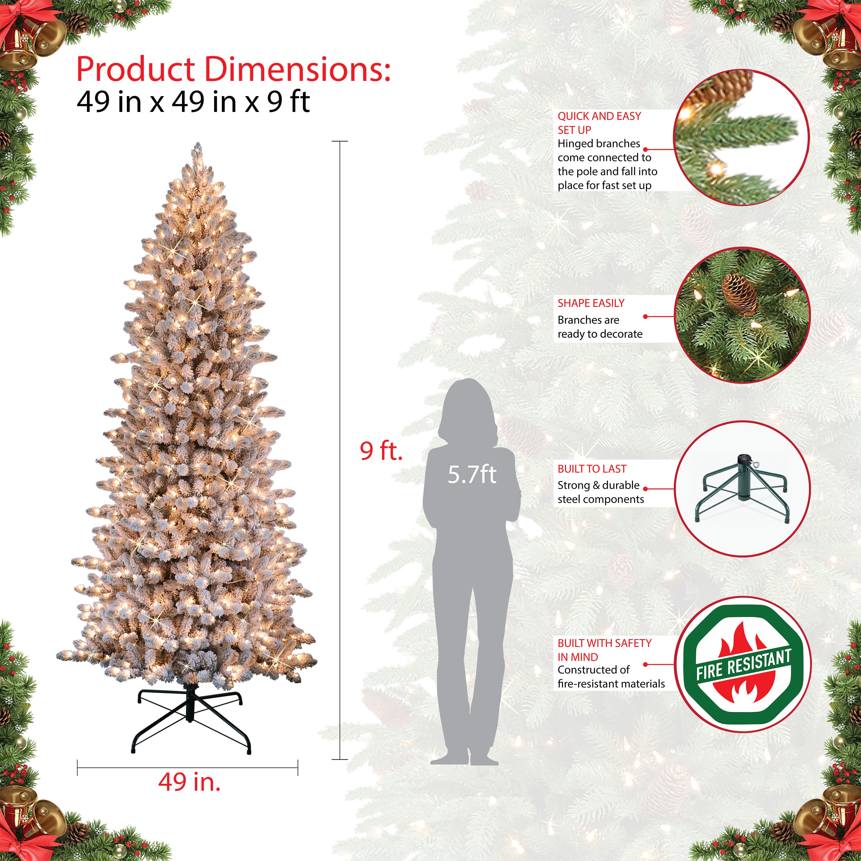 9ft. Pre-Lit Slim Flocked Fraser Fir Artificial Christmas Tree, Clear Lights
