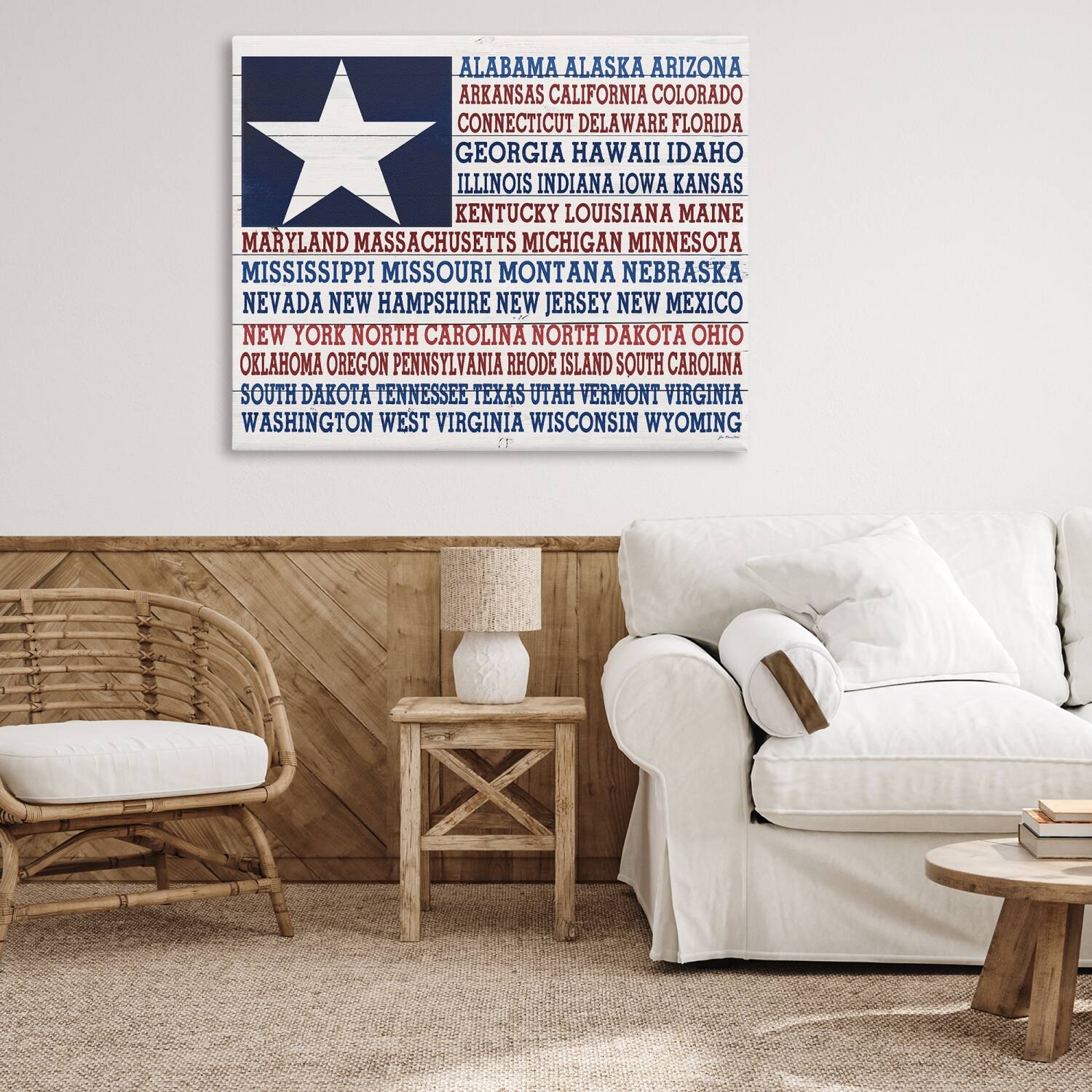 Stupell Industries U.S.A. Star Patriot Flag Listed State Typography Sign Canvas Wall Art
