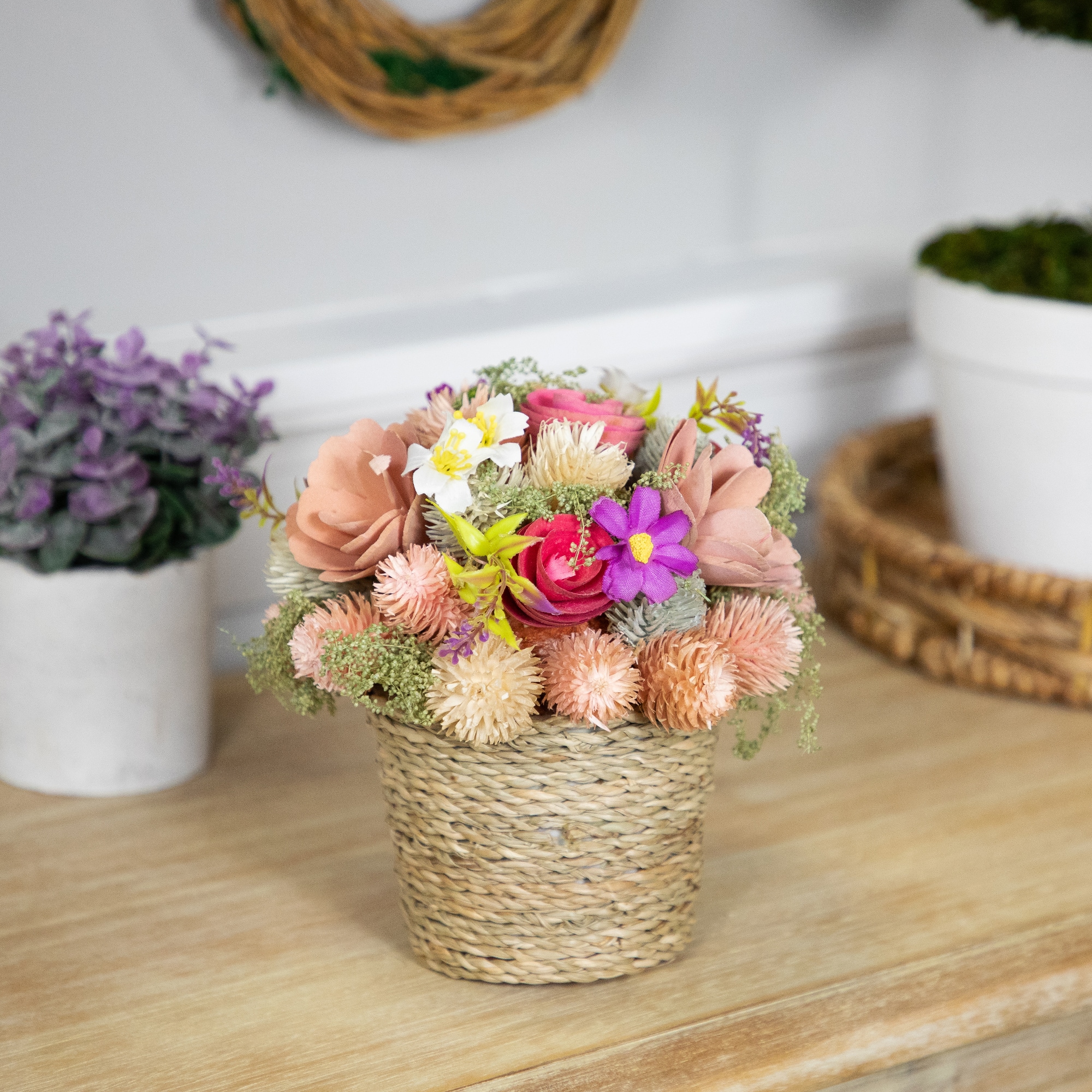 7" Wooden Mixed Floral Artificial Spring Arrangement with Pot