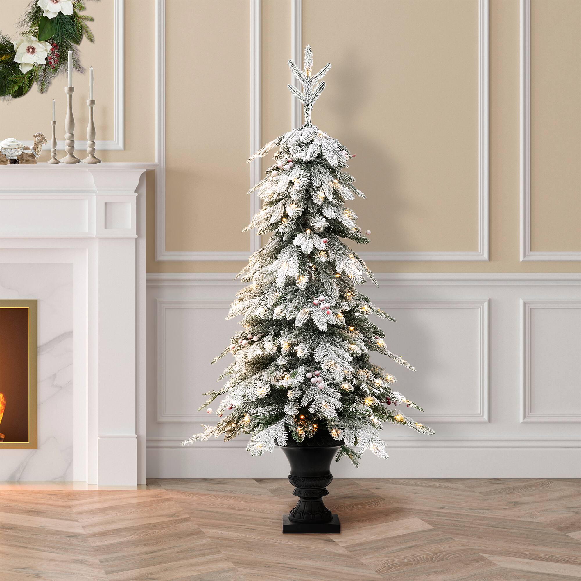 2 Pack 5ft. Pre-Lit Flocked Fir Artificial Christmas Porch Tree in Planter, Warm White Lights