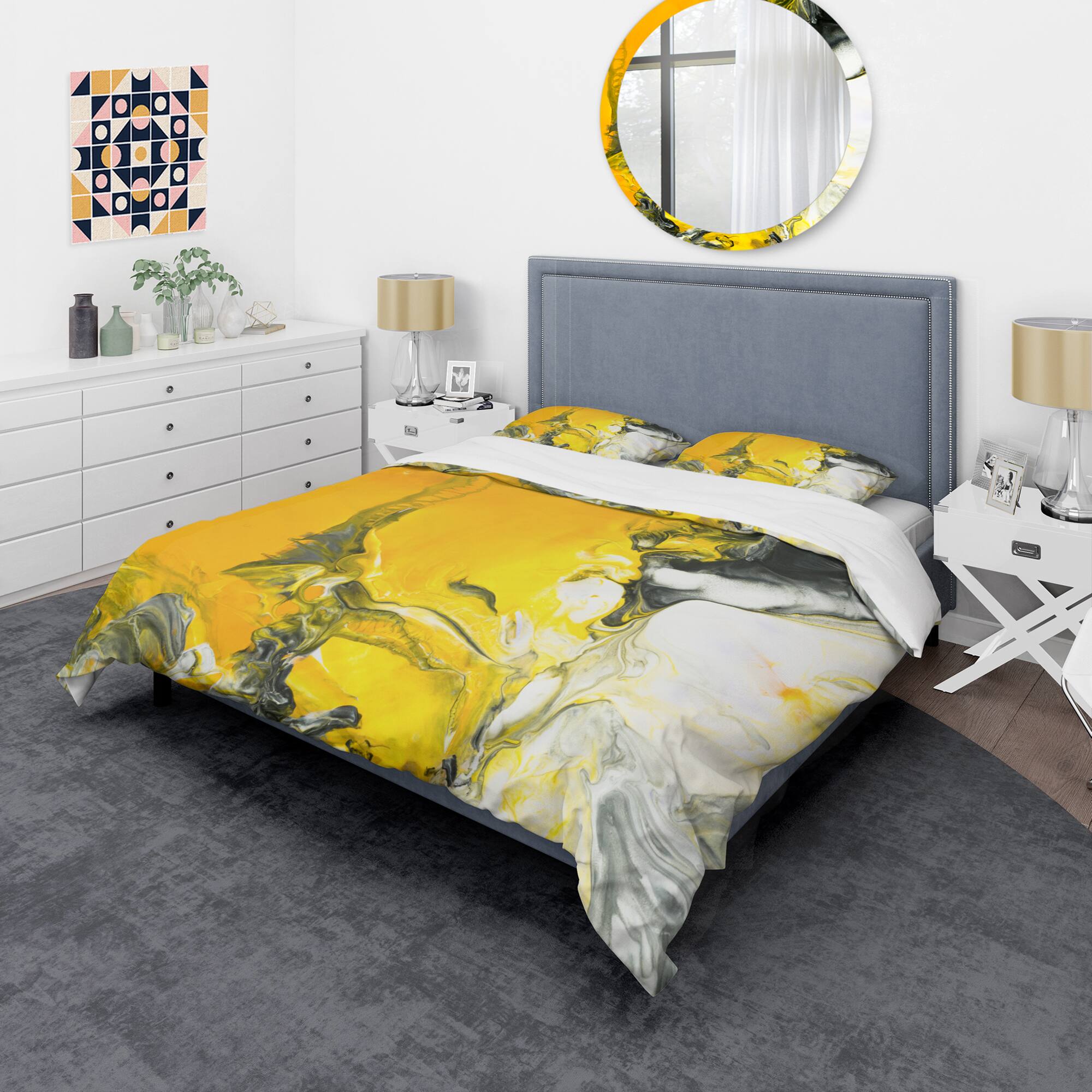 Designart &#x27;White and Yellow Marbled Acrylic with a cloud of Black&#x27; Modern &#x26; Contemporary Bedding Set - Duvet Cover &#x26; Shams