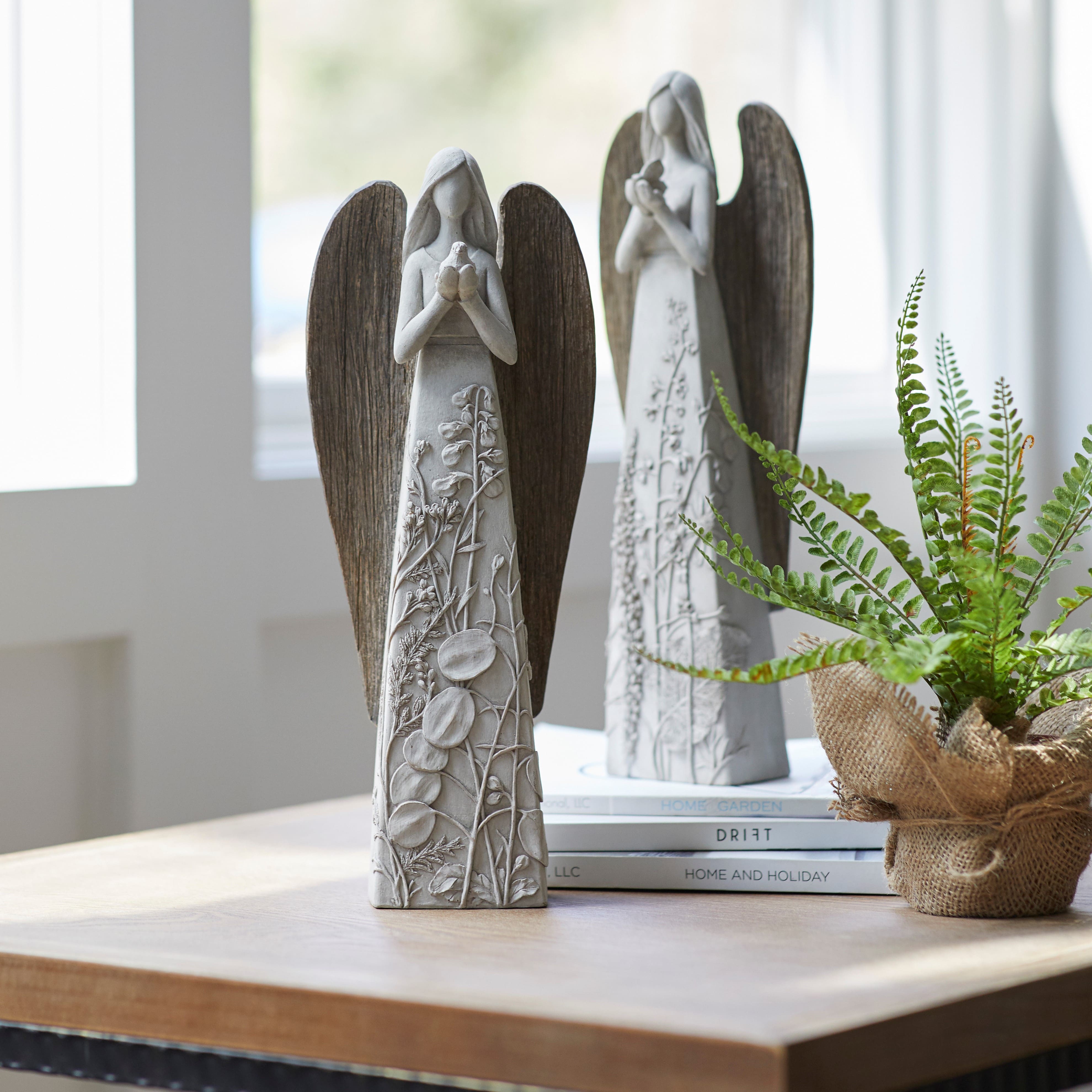 14" Floral Sculpted Angel with Wood Style Wings, 2ct.